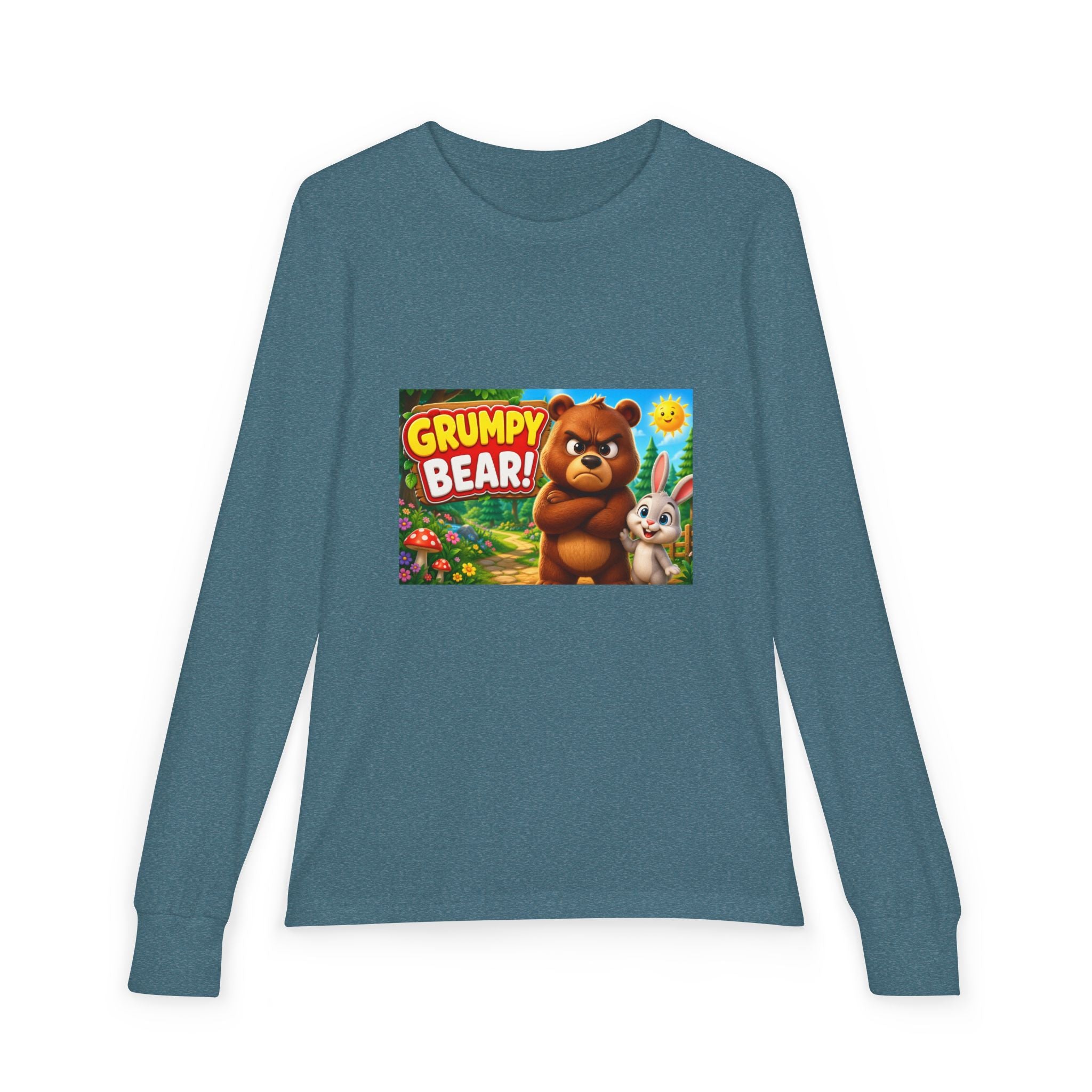 Grumpy Bear Kids Long Sleeve Tee — Cute Cartoon Bear & Bunny Graphic
