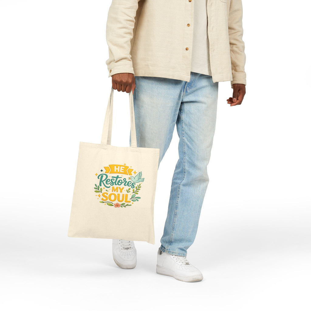 He Restores My Soul Canvas Tote Bag — Faith-Based Inspirational Grocery & Church Tote