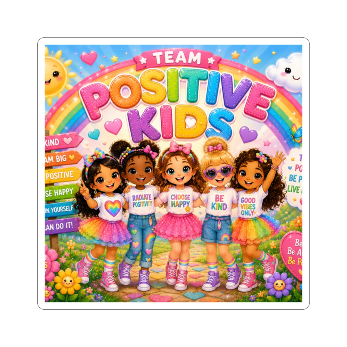 Positive Kids Kiss-Cut Sticker — Colorful Team Positive Rainbow Design