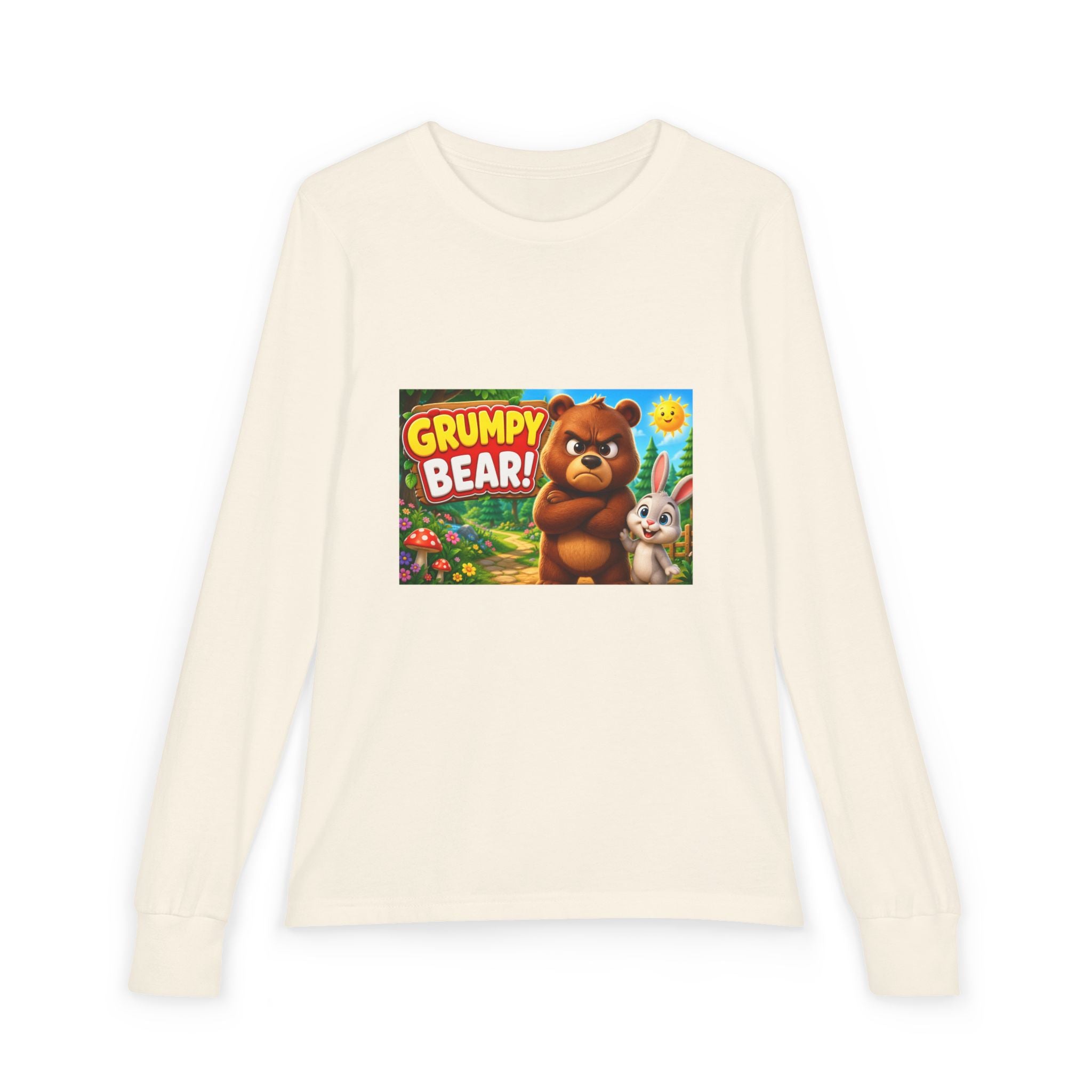 Grumpy Bear Kids Long Sleeve Tee — Cute Cartoon Bear & Bunny Graphic