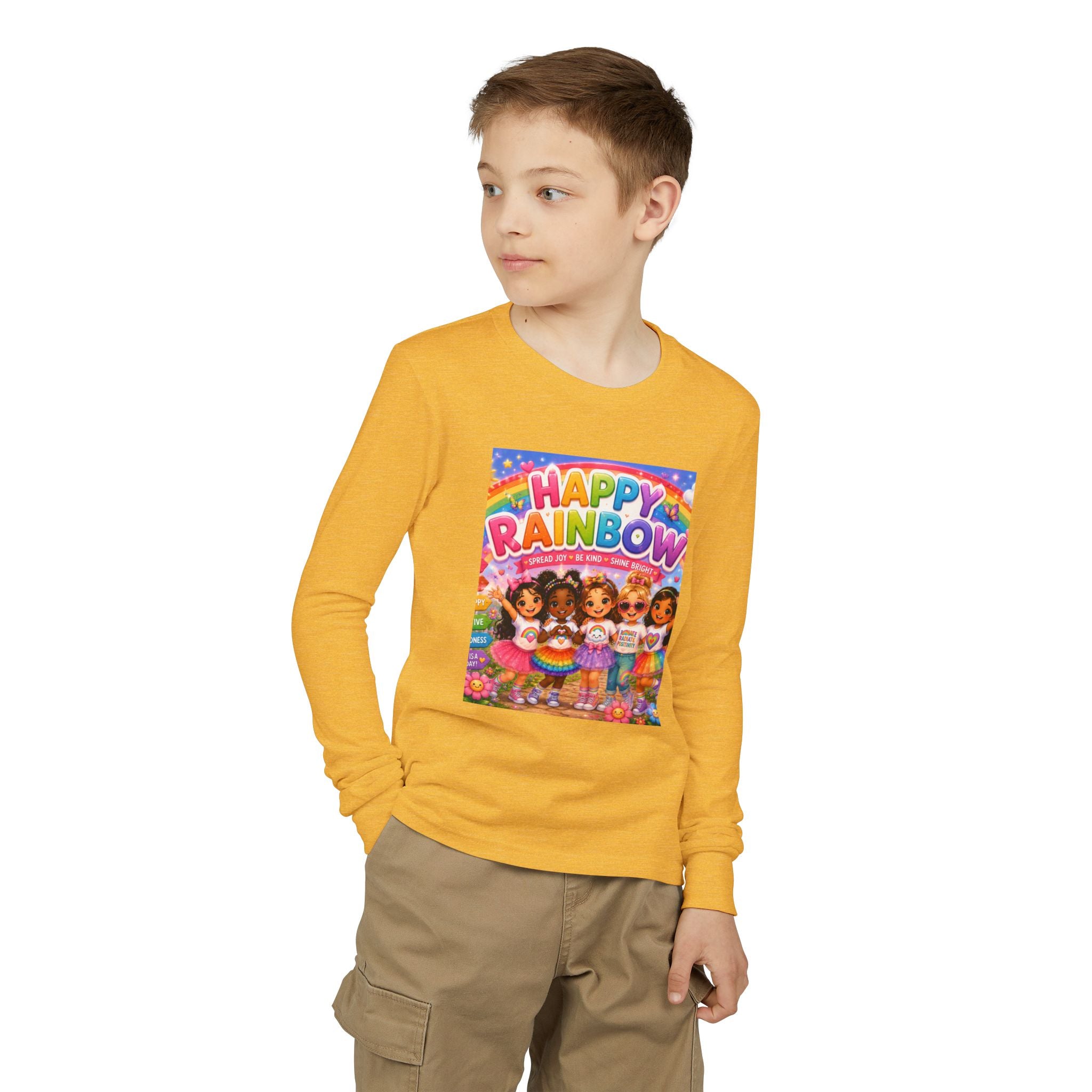 Happy Rainbow Kids Long Sleeve Tee — Cute Multiracial Doll Graphic