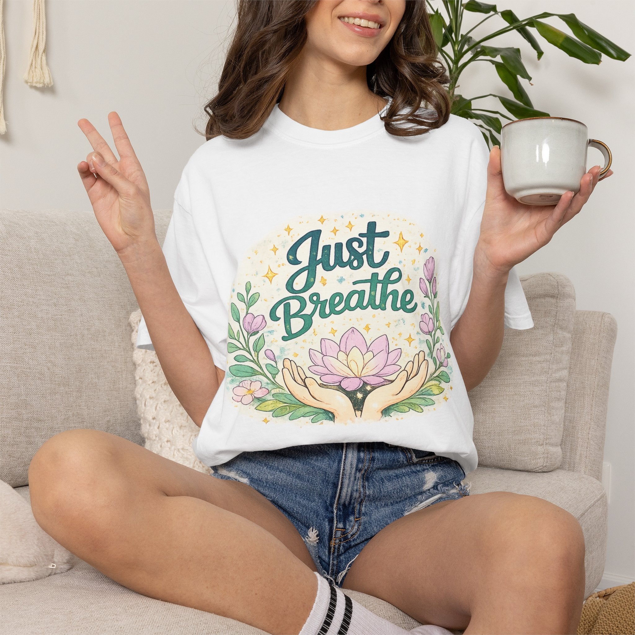Just Breathe T-Shirt — Floral Lotus Mindfulness Tee