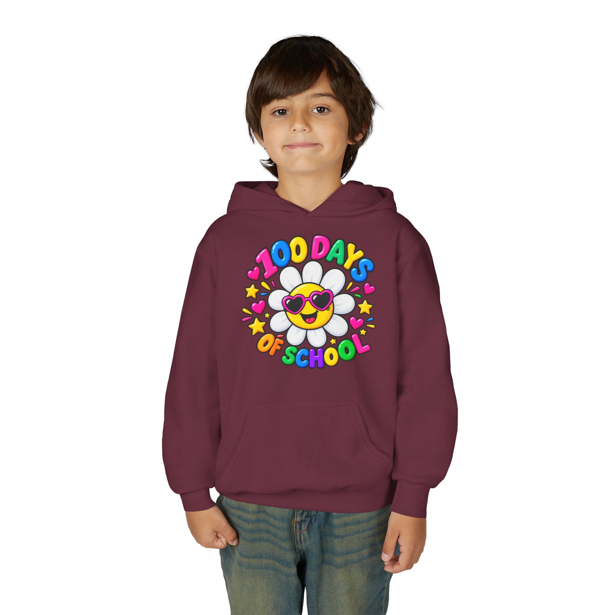 Youth Hoodie — “100 Days of School” Colorful Smiley Daisy Celebration