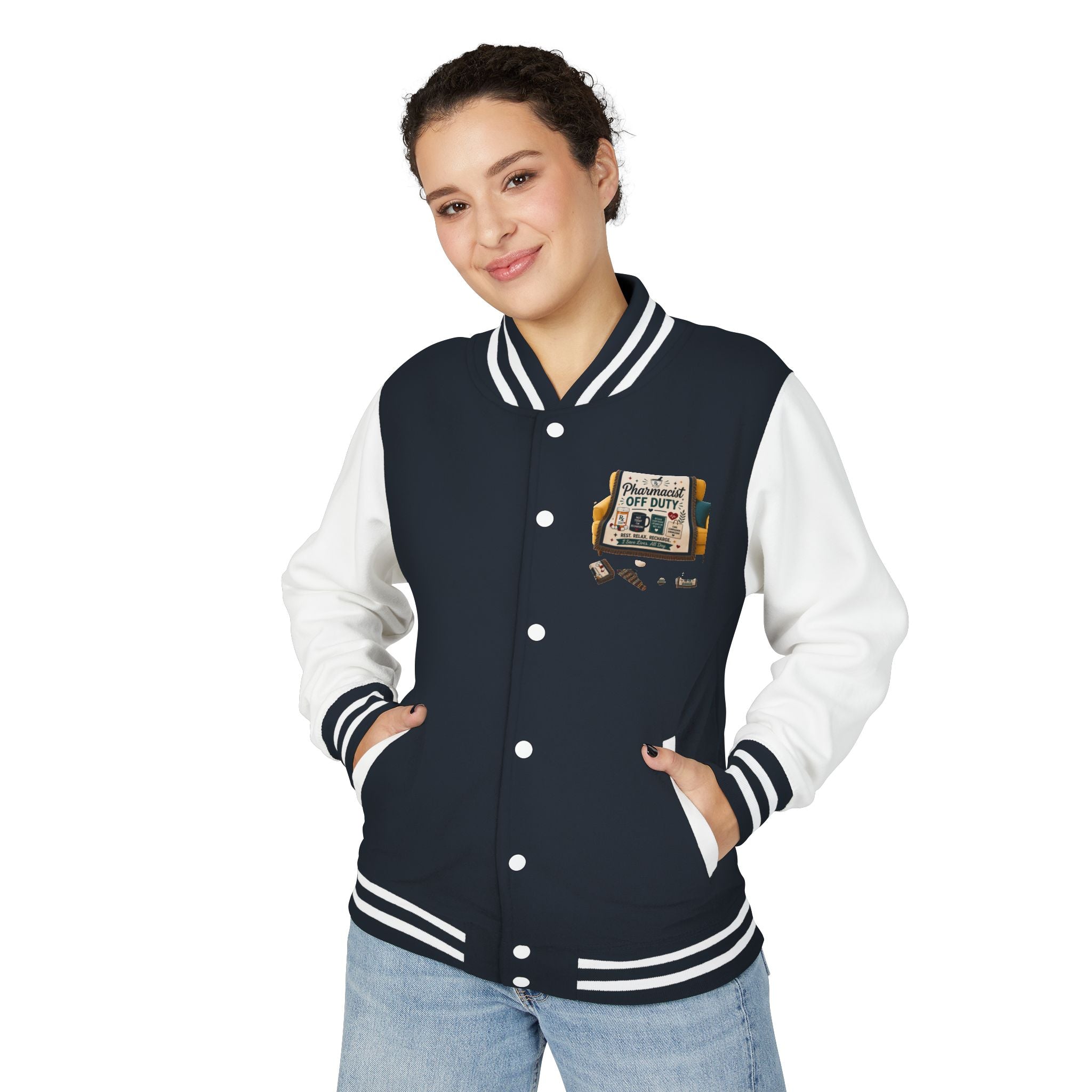 Letterman Jacket — 'Pharmacist Off Duty' Retro Patch Design