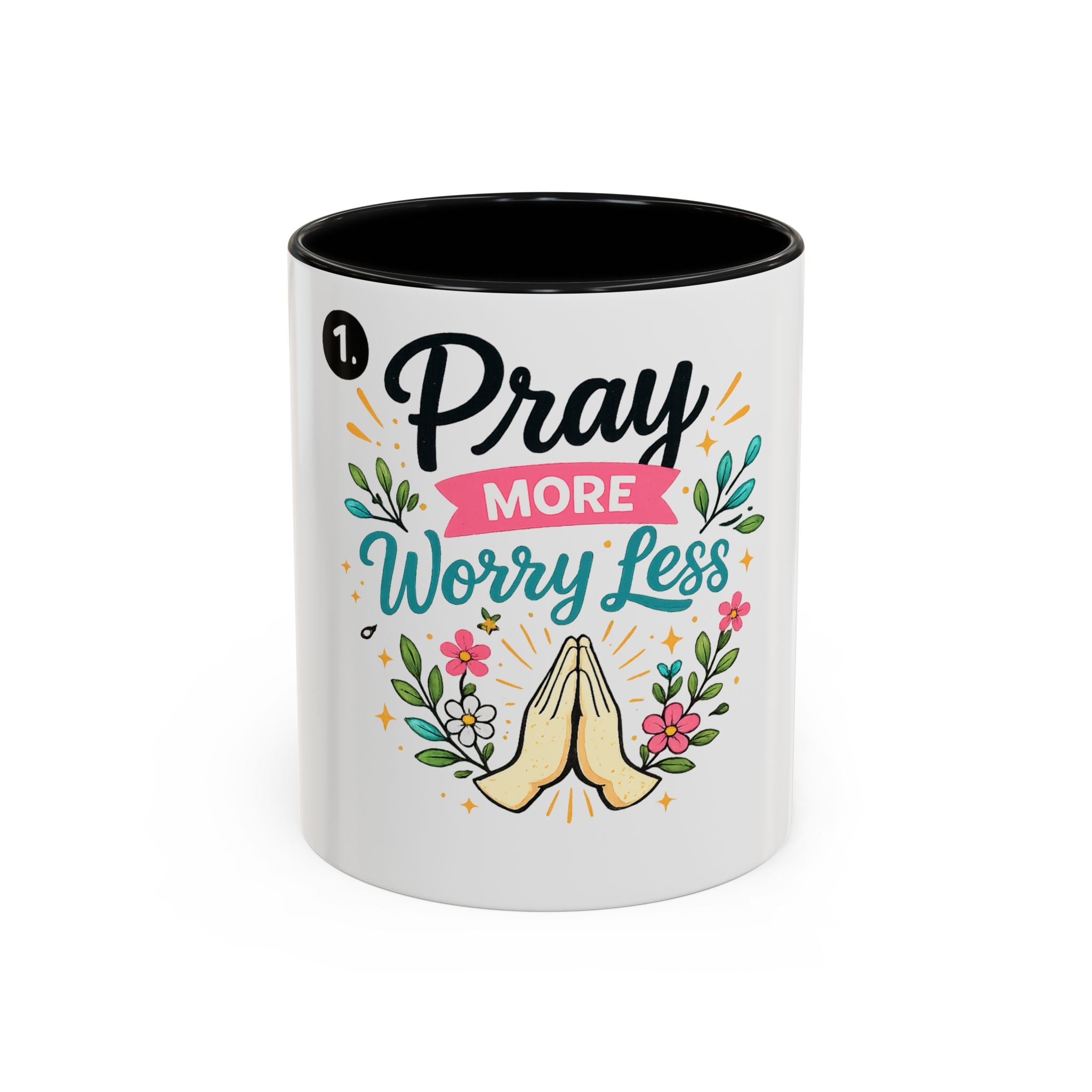 Pray More Worry Less Accent Coffee Mug — Inspirational Floral Prayer Gift (11/15oz)