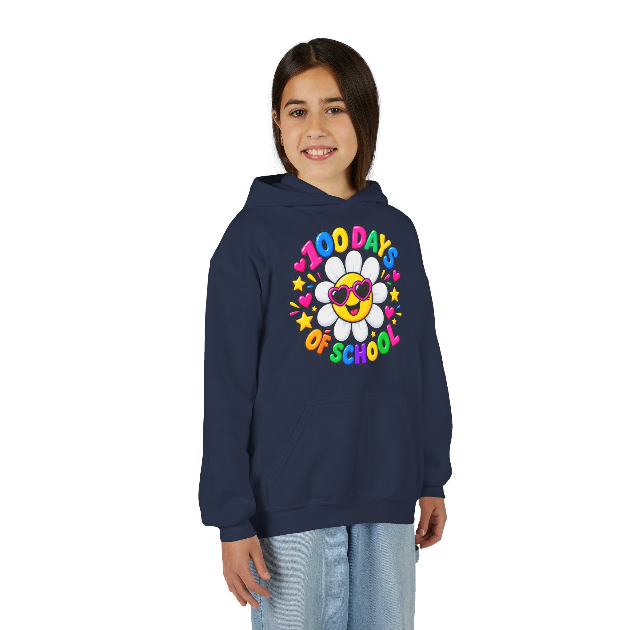 Youth Hoodie — “100 Days of School” Colorful Smiley Daisy Celebration