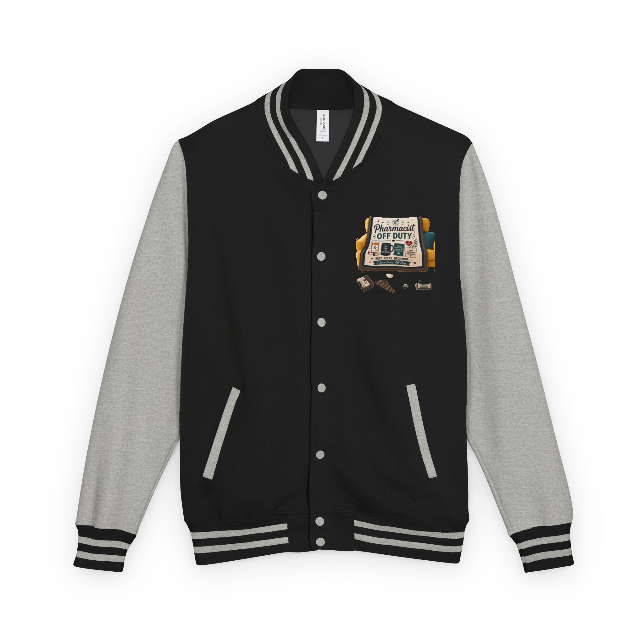 Letterman Jacket — 'Pharmacist Off Duty' Retro Patch Design