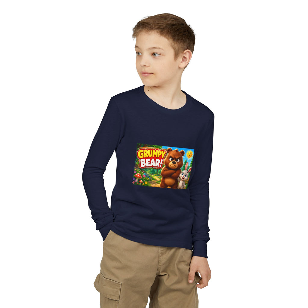 Grumpy Bear Kids Long Sleeve Tee — Cute Cartoon Bear & Bunny Graphic
