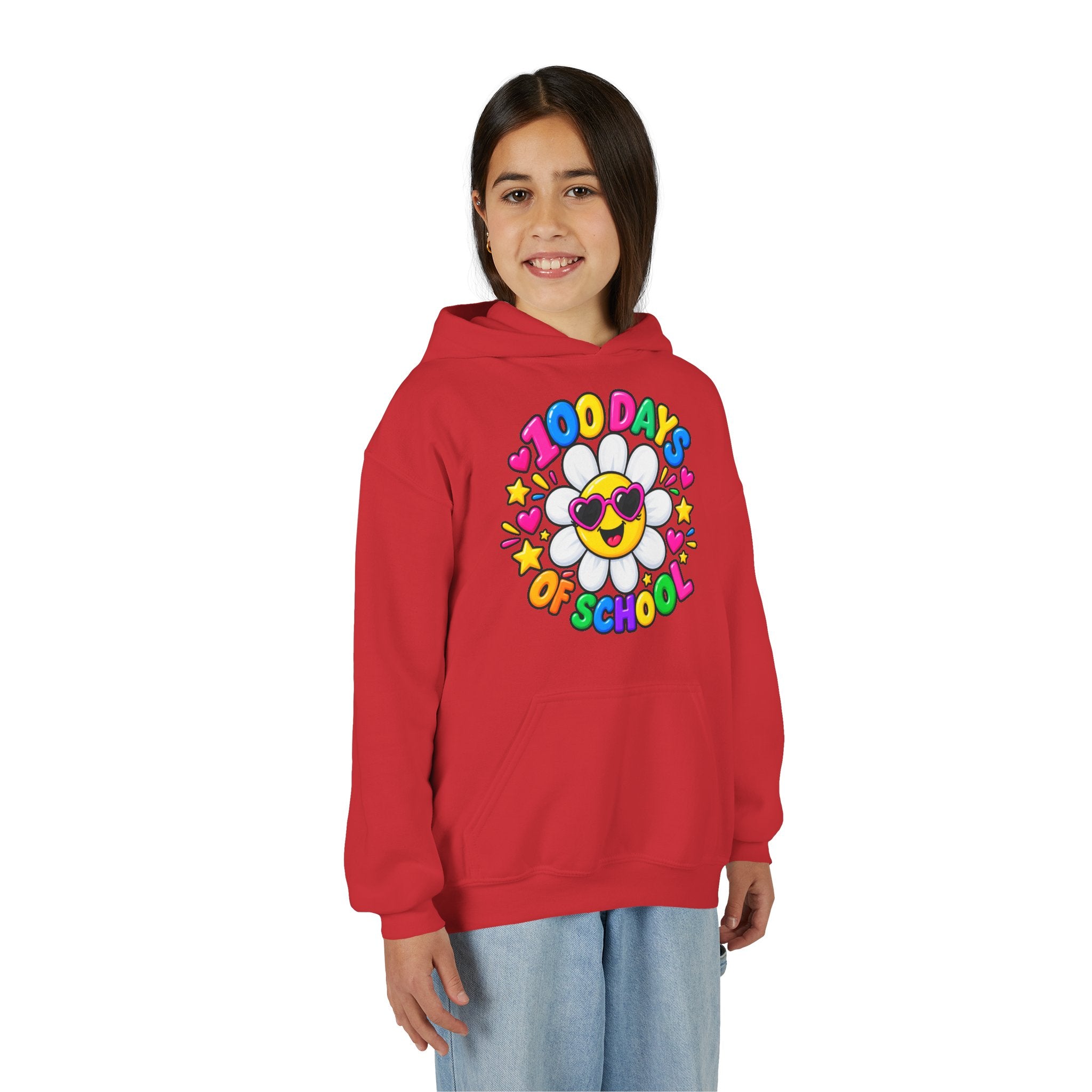 Youth Hoodie — “100 Days of School” Colorful Smiley Daisy Celebration