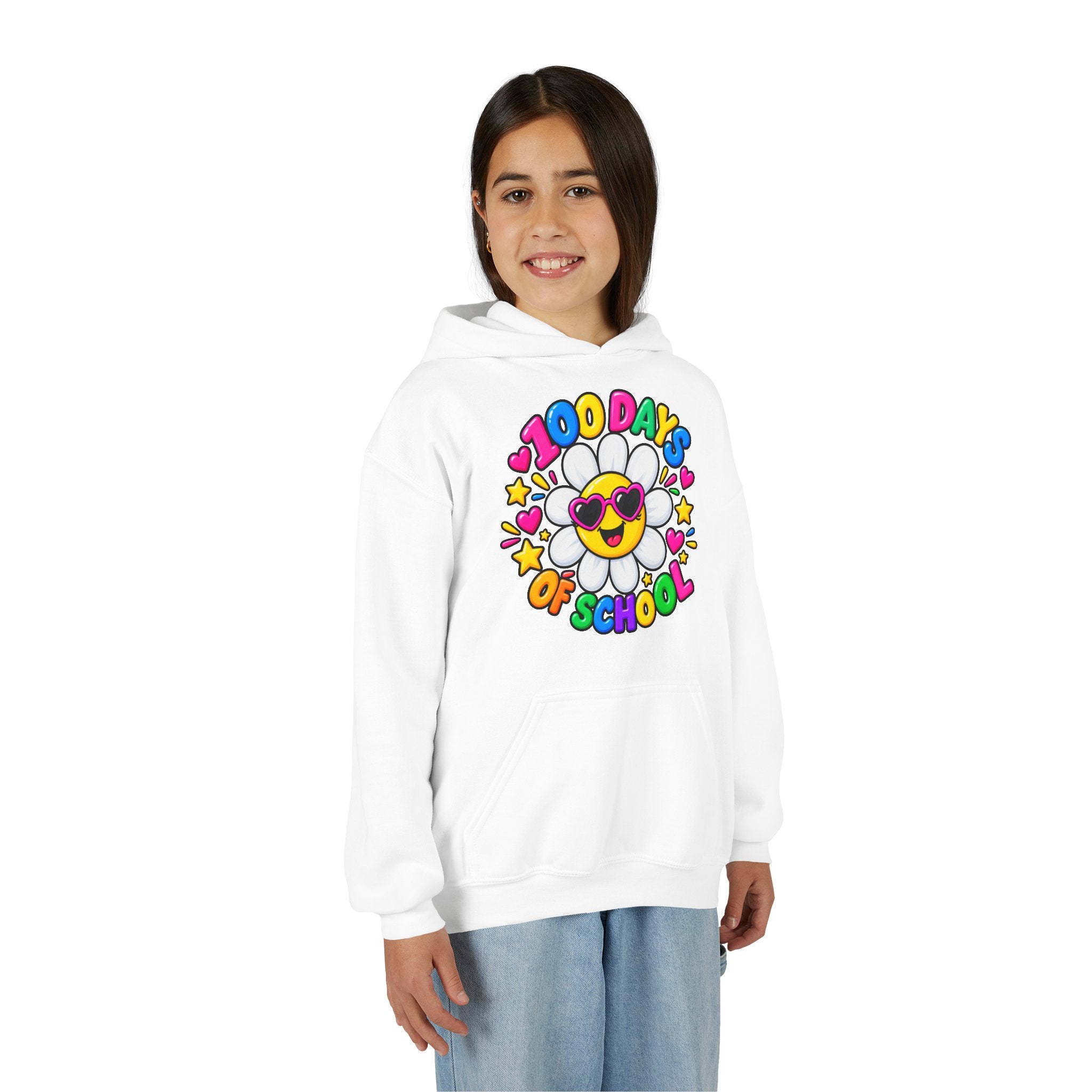 Youth Hoodie — “100 Days of School” Colorful Smiley Daisy Celebration