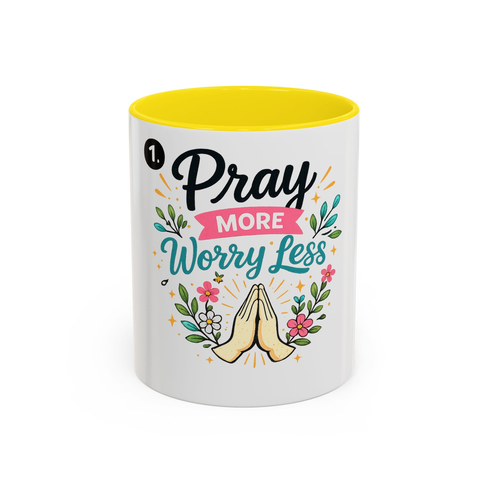 Pray More Worry Less Accent Coffee Mug — Inspirational Floral Prayer Gift (11/15oz)