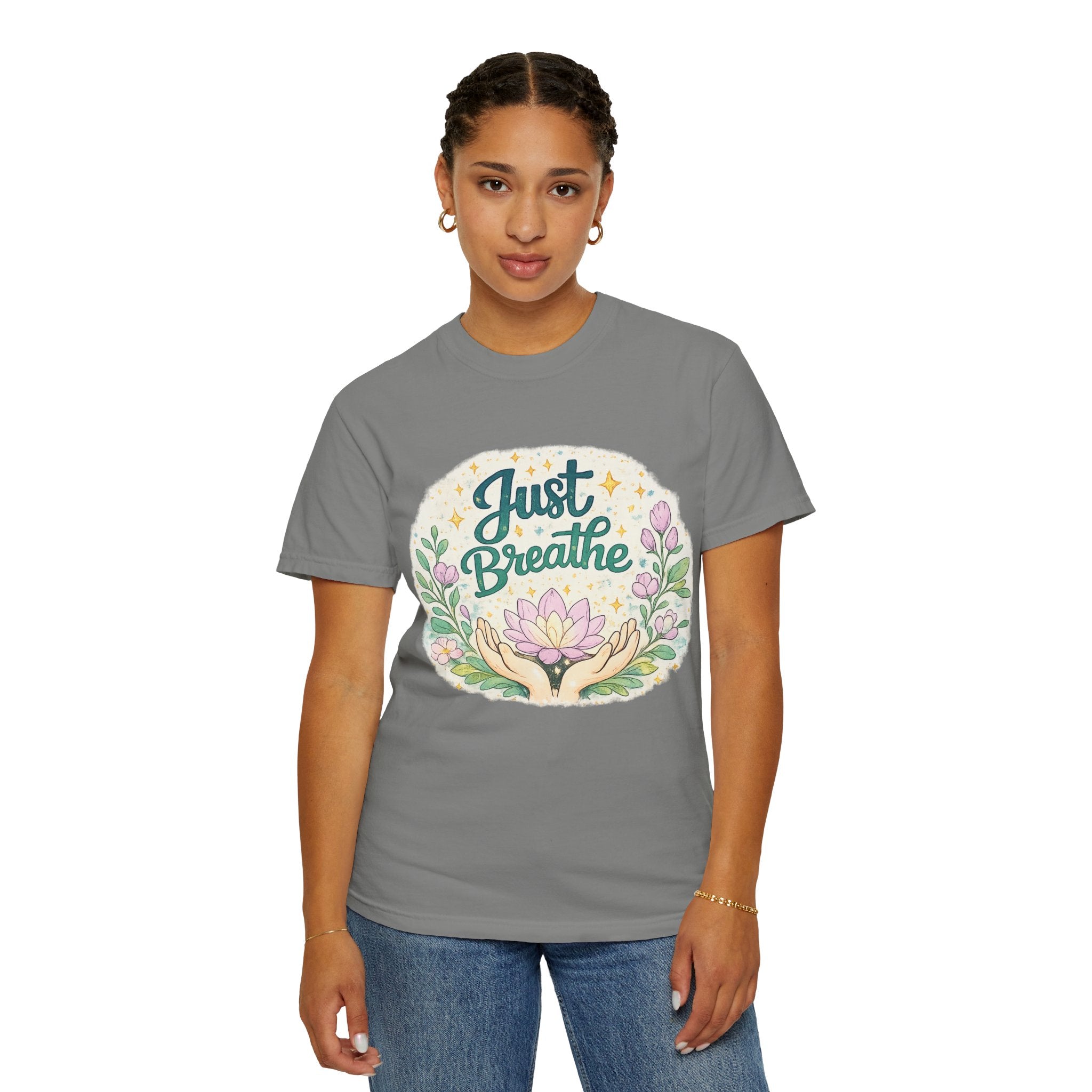 Just Breathe T-Shirt — Floral Lotus Mindfulness Tee
