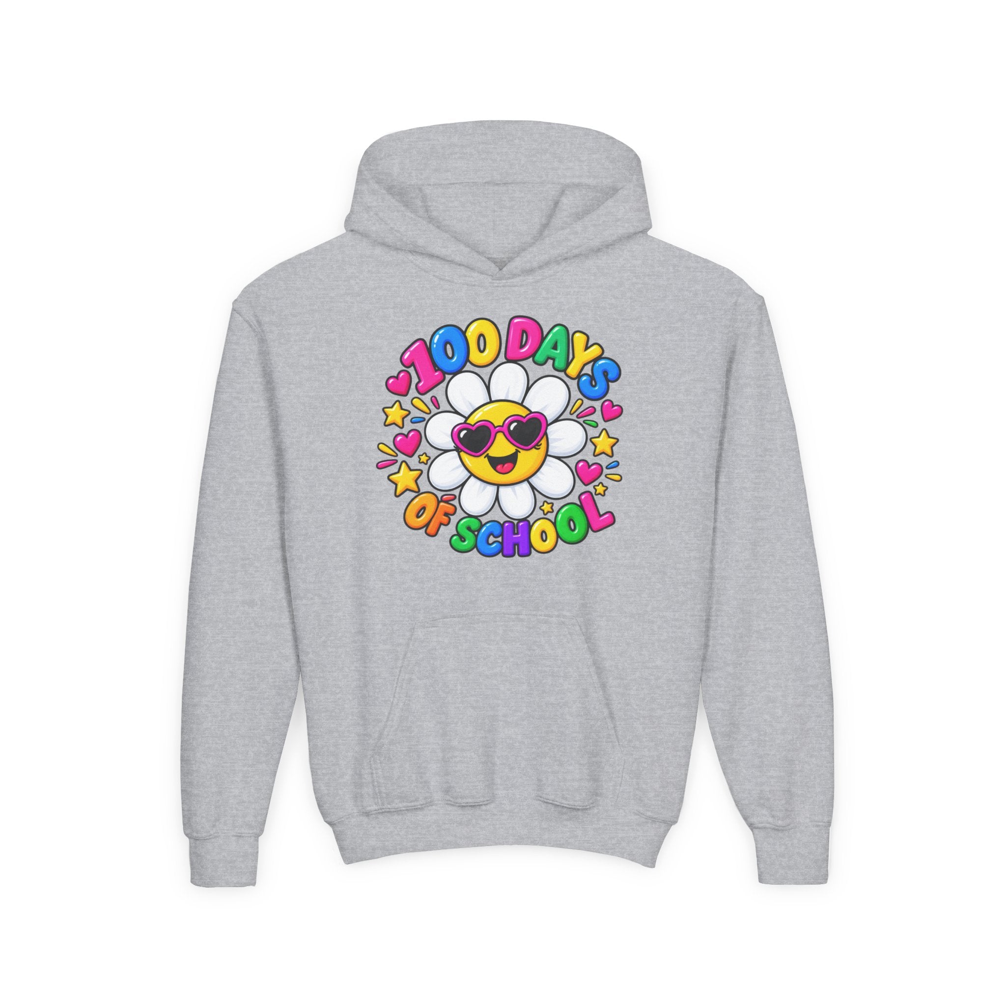 Youth Hoodie — “100 Days of School” Colorful Smiley Daisy Celebration