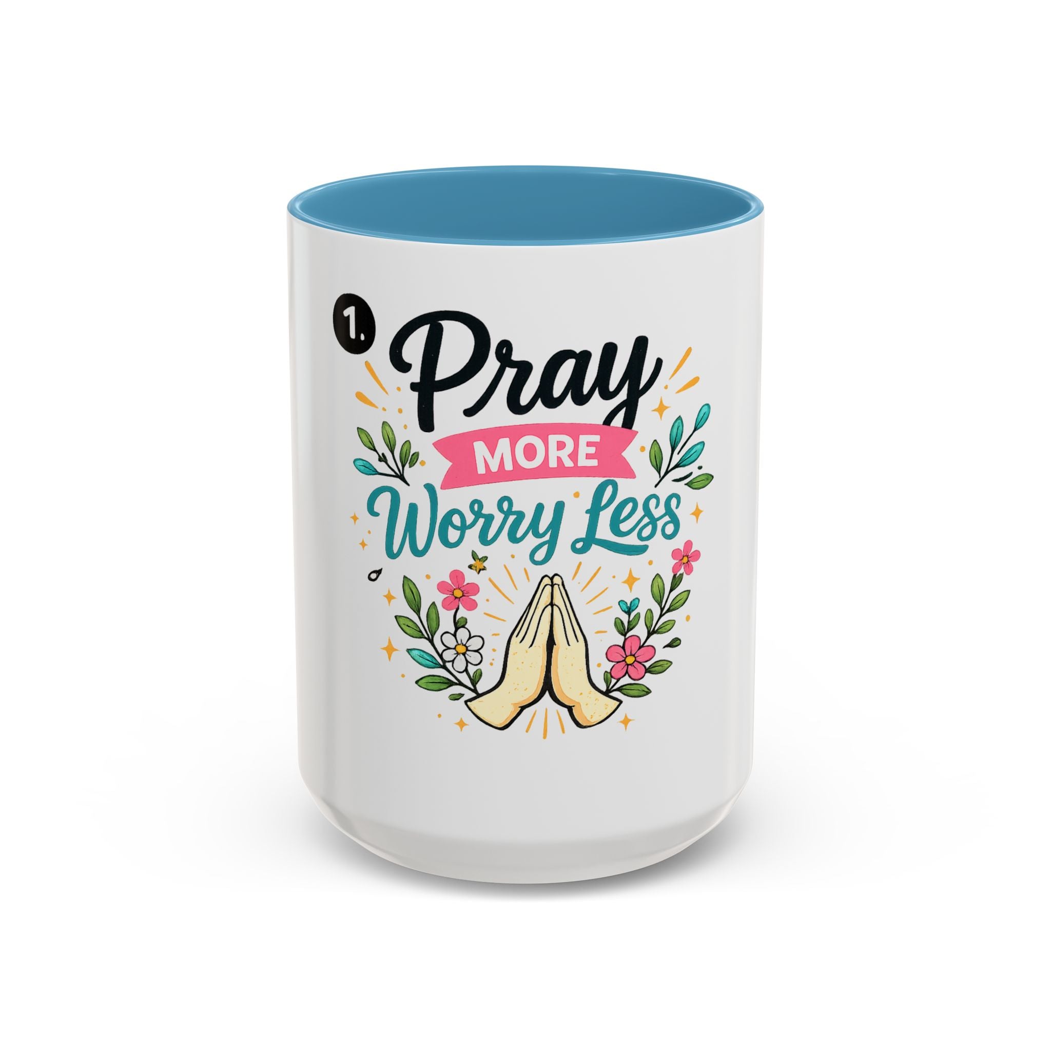 Pray More Worry Less Accent Coffee Mug — Inspirational Floral Prayer Gift (11/15oz)