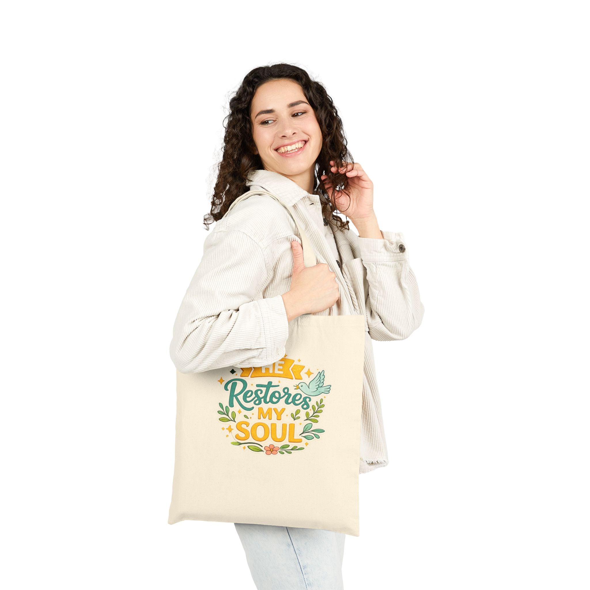 He Restores My Soul Canvas Tote Bag — Faith-Based Inspirational Grocery & Church Tote