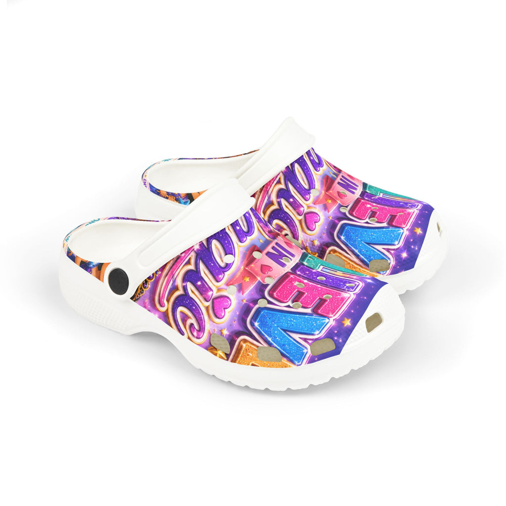 Kids Foam Clogs — "Believe in Magic" Colorful Glittery Cartoon Design