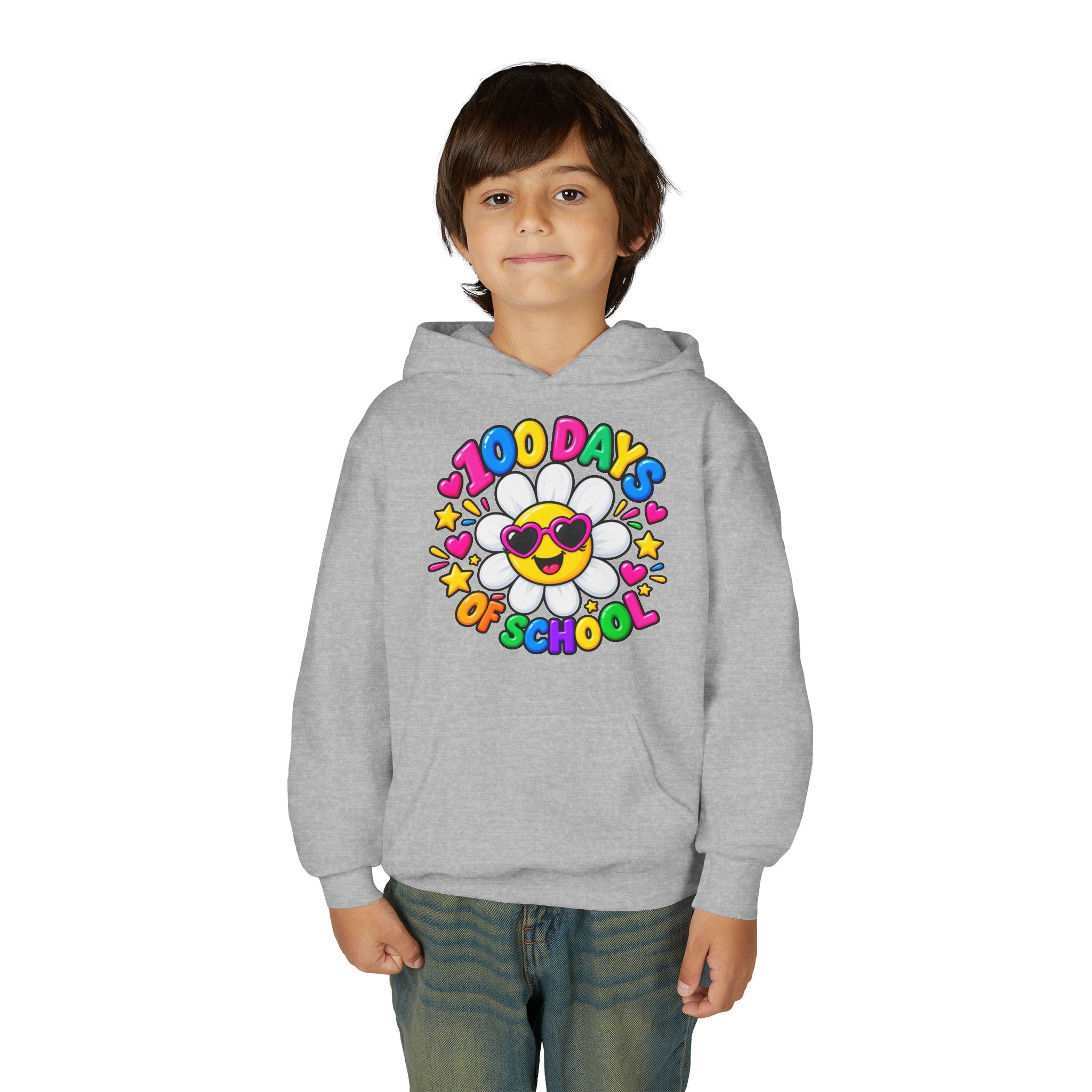 Youth Hoodie — “100 Days of School” Colorful Smiley Daisy Celebration