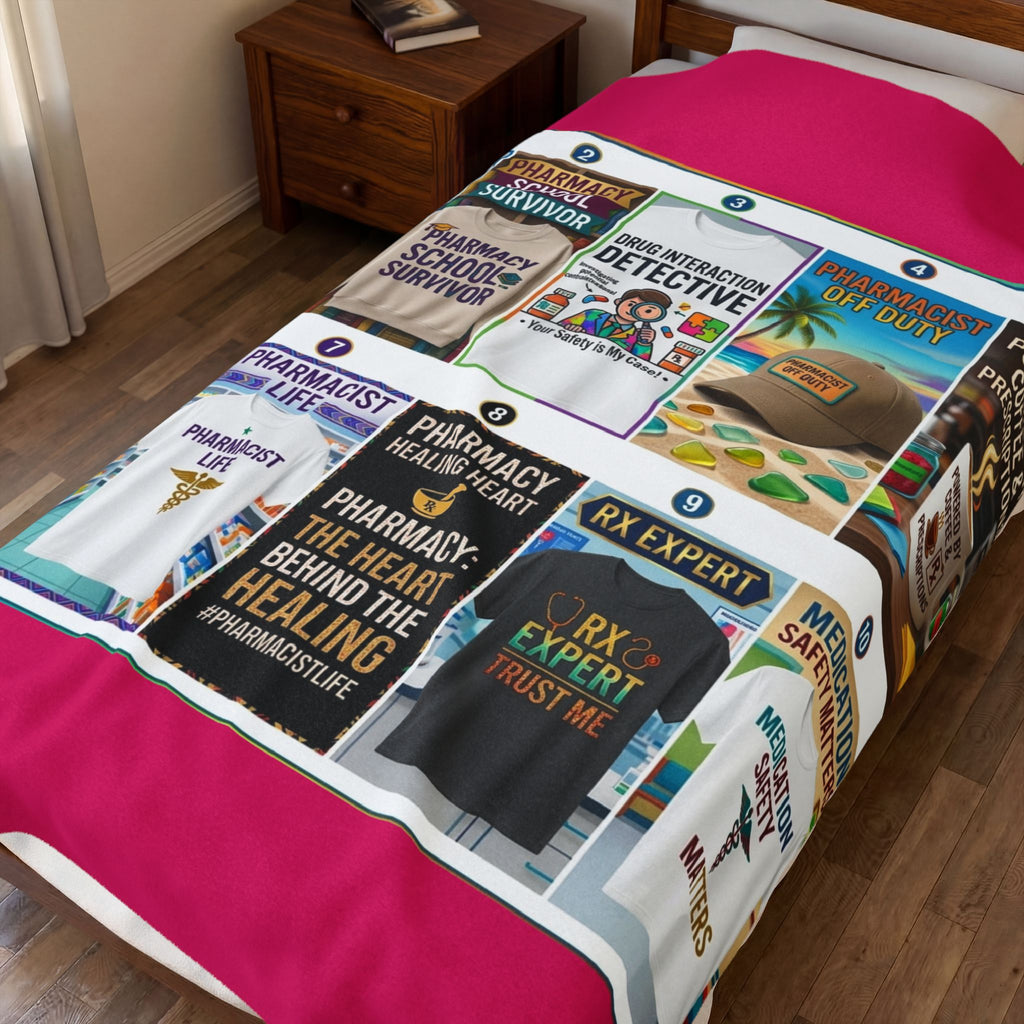 Pharmacist Gifts Velveteen Plush Blanket – Funny Pharmacy Slogans Collage Throw for Pharmacists