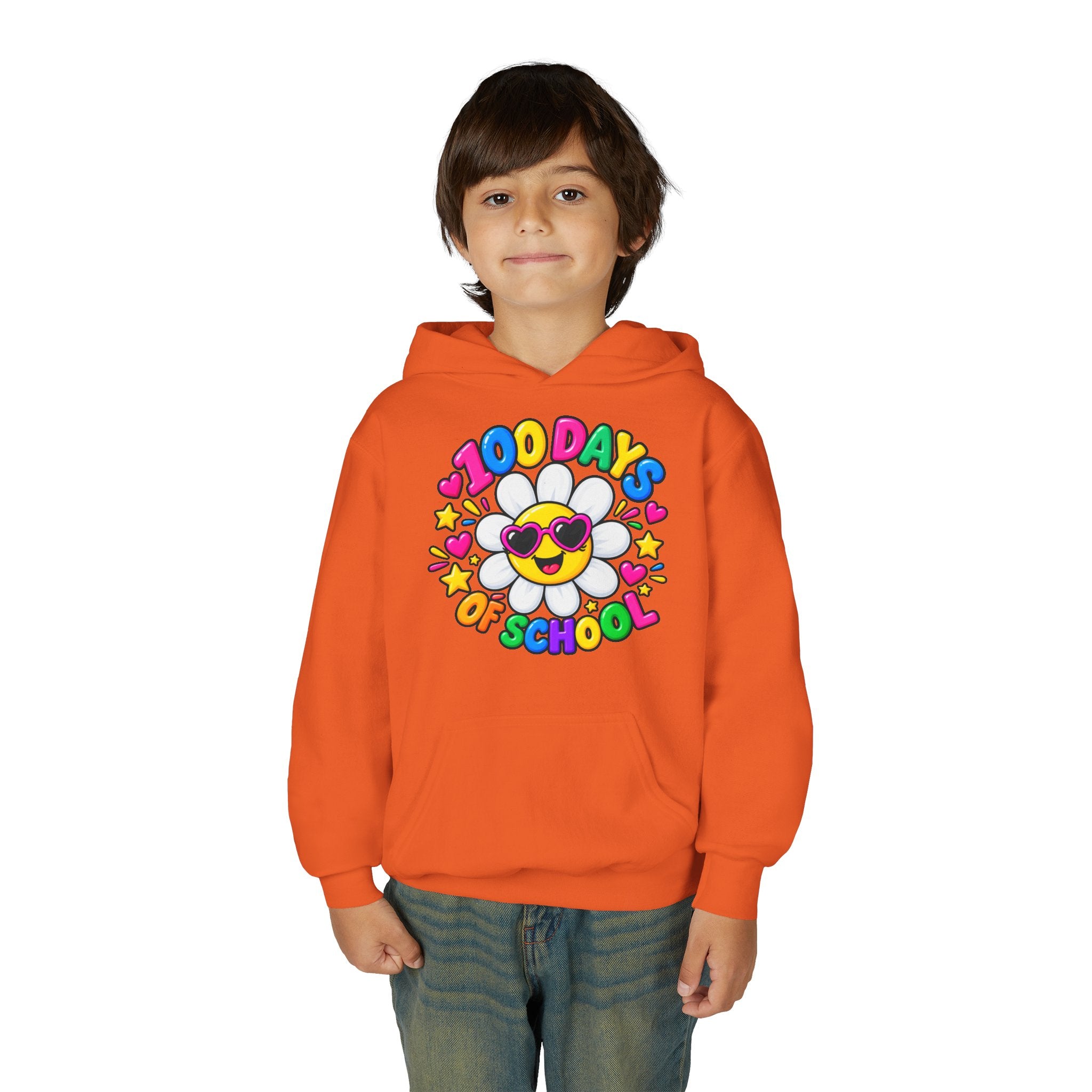 Youth Hoodie — “100 Days of School” Colorful Smiley Daisy Celebration