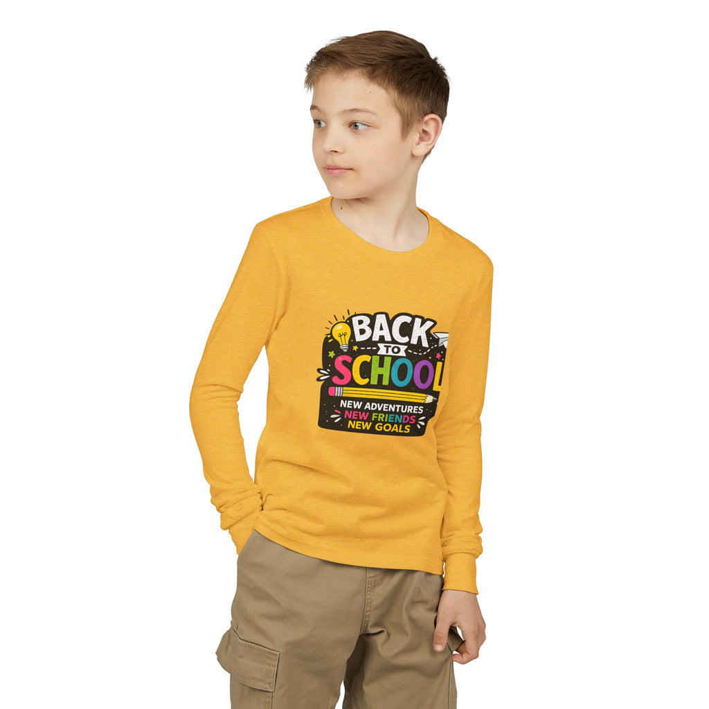 Back to School Youth Long Sleeve Tee — "New Adventures, New Friends, New Goals"