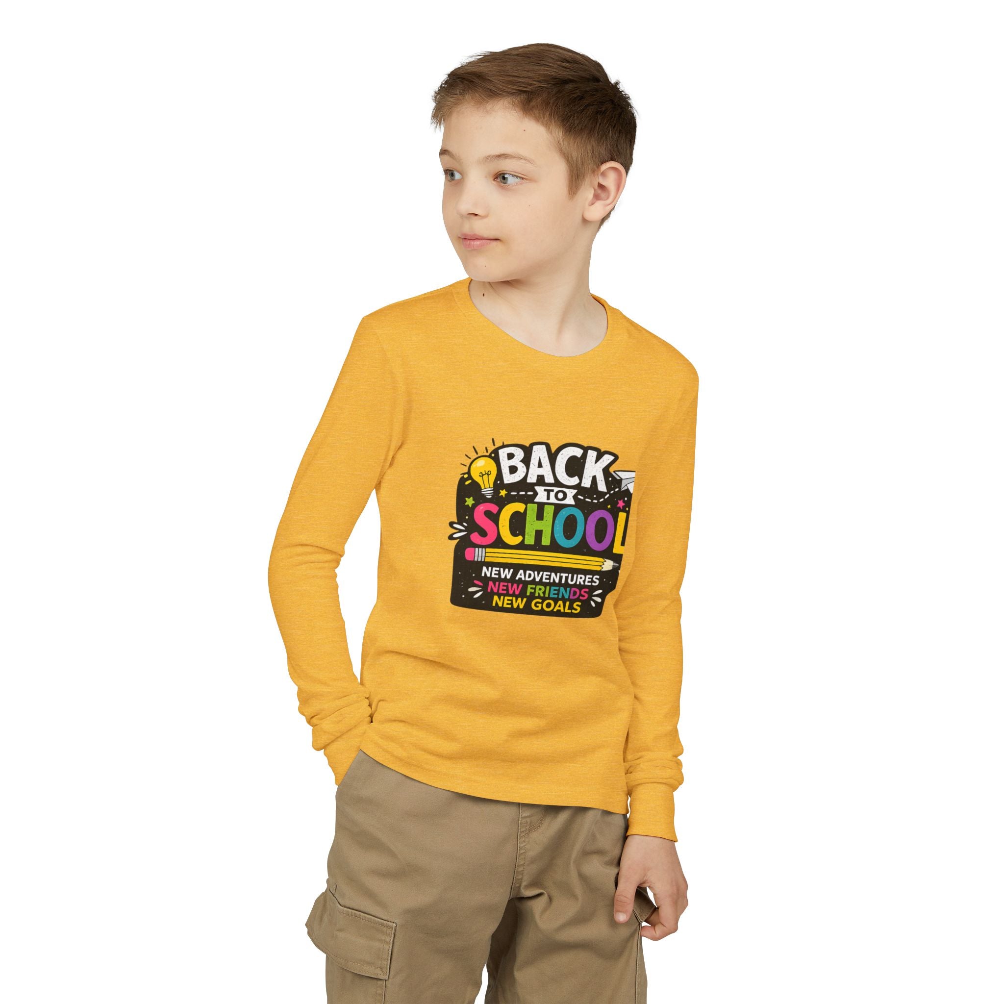 Back to School Youth Long Sleeve Tee — "New Adventures, New Friends, New Goals"