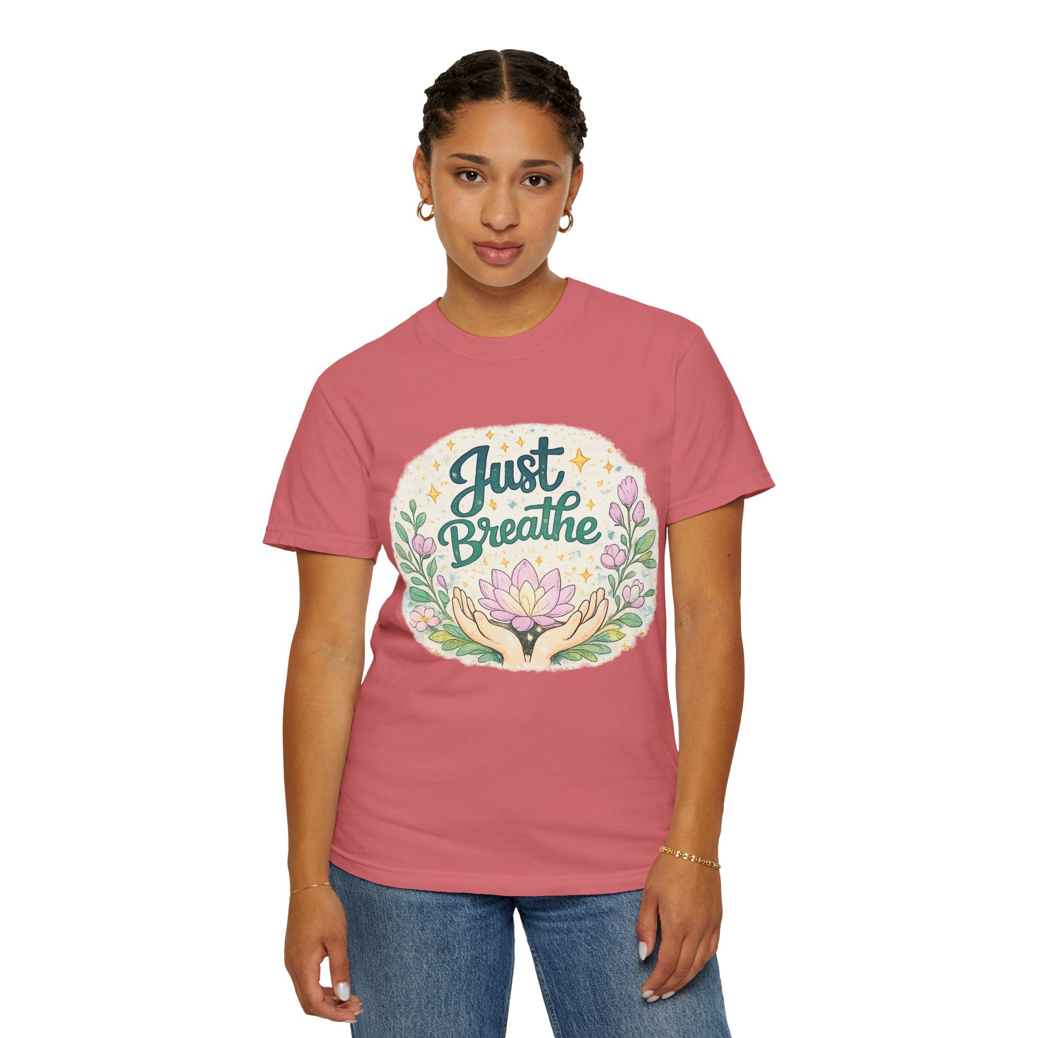 Just Breathe T-Shirt — Floral Lotus Mindfulness Tee