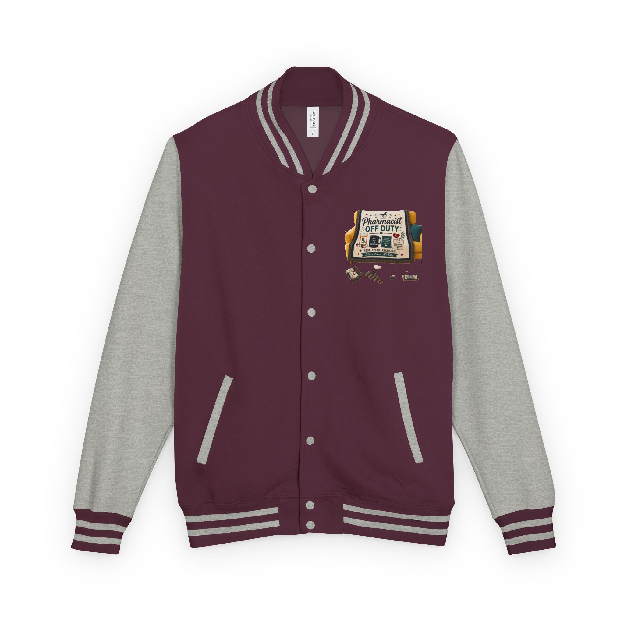 Letterman Jacket — 'Pharmacist Off Duty' Retro Patch Design