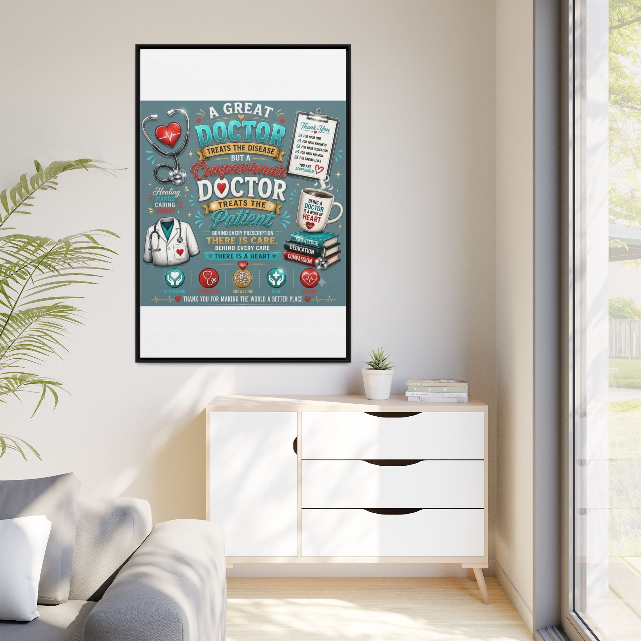 Framed Canvas Print — 'A Great Doctor Treats the Patient' Medical Tribute Wall Art