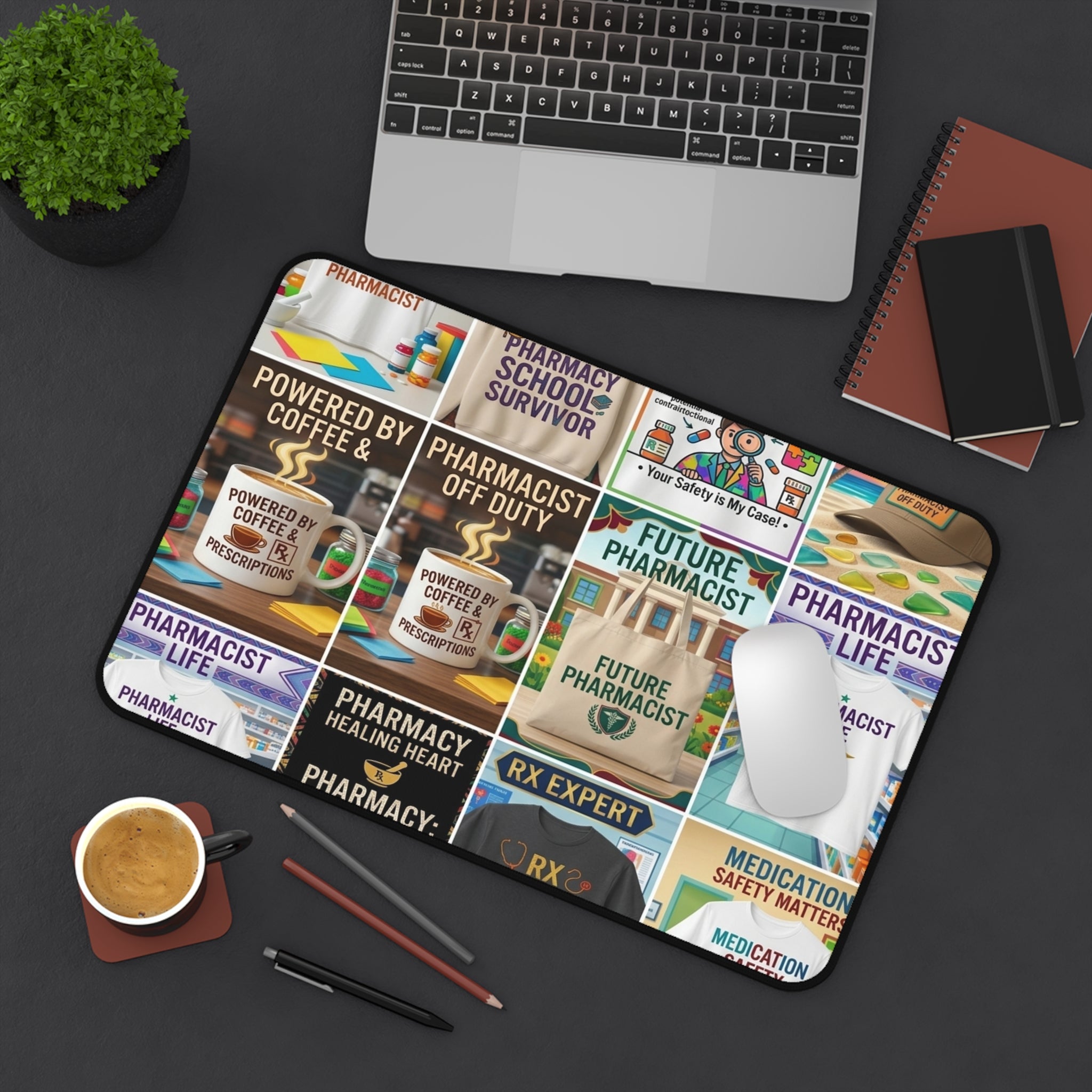 Pharmacist Desk Mat – Coffee & Rx Collage Mouse Pad for Pharmacy Students and Professionals