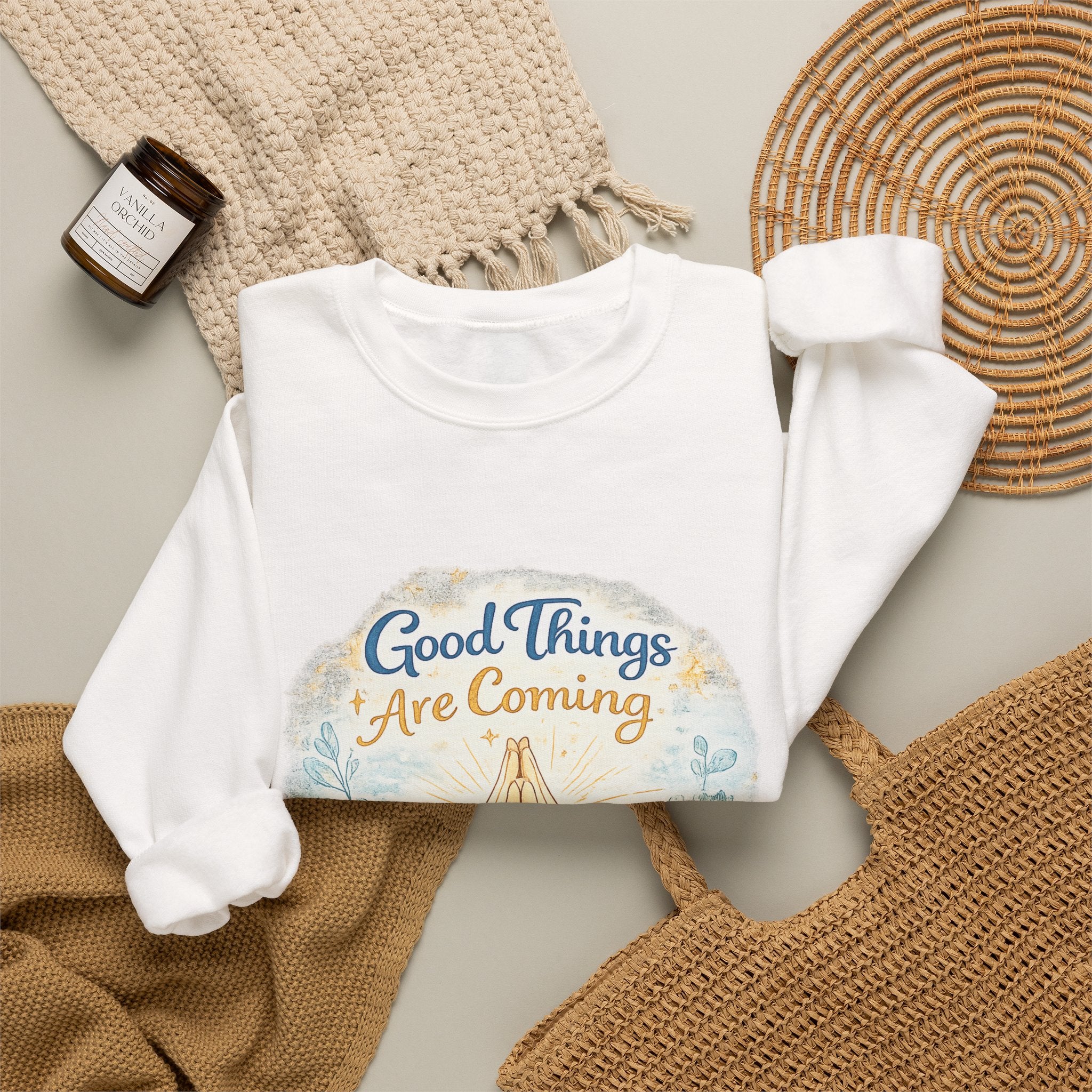 Crewneck Sweatshirt — "Good Things Are Coming" Praying Hands Inspirational Pullover