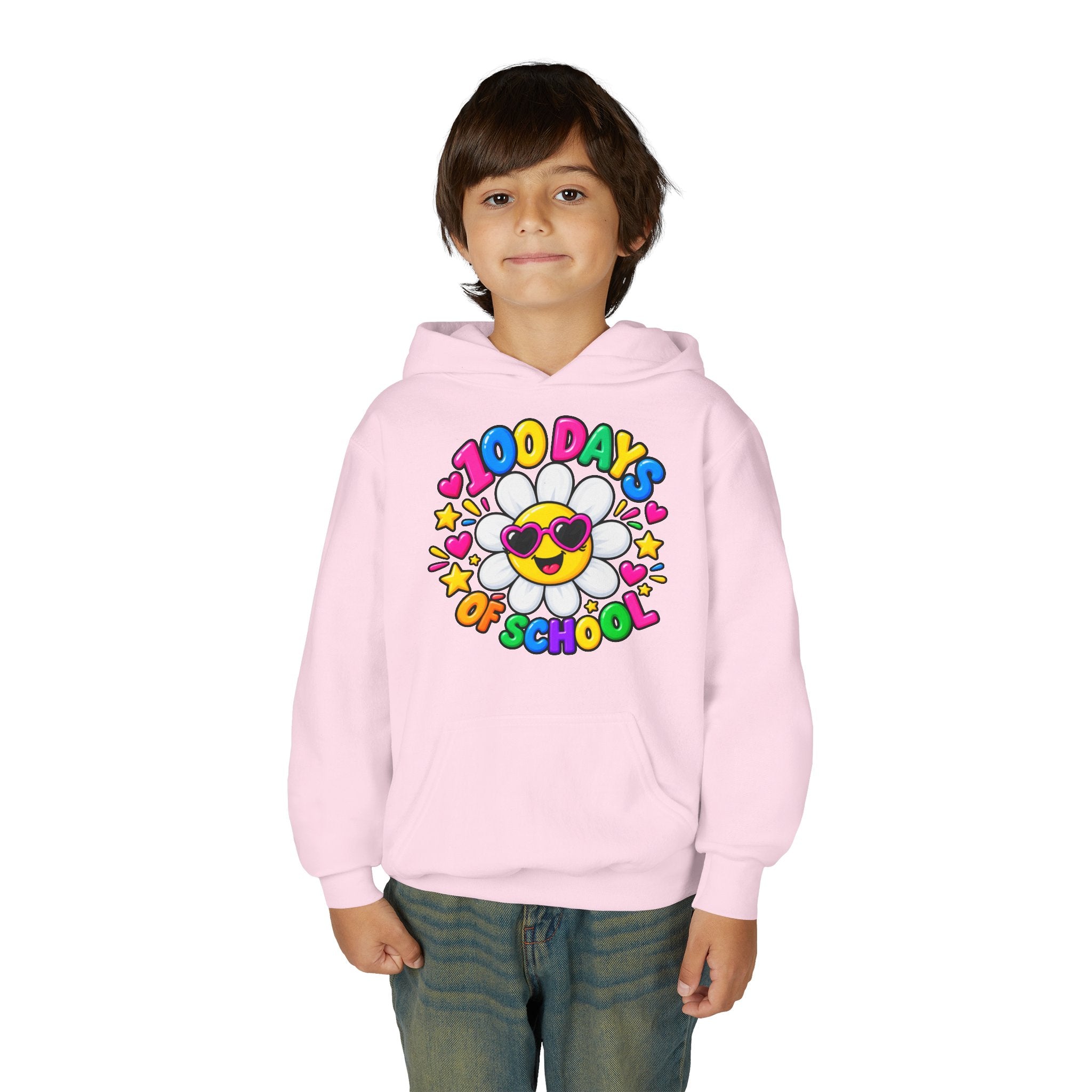Youth Hoodie — “100 Days of School” Colorful Smiley Daisy Celebration