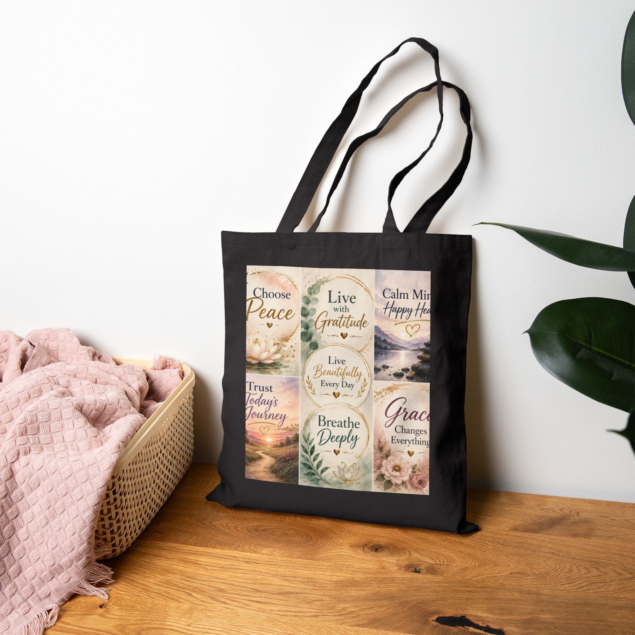 Inspirational Quotes Canvas Tote Bag — Choose Peace, Live Mindfully Design