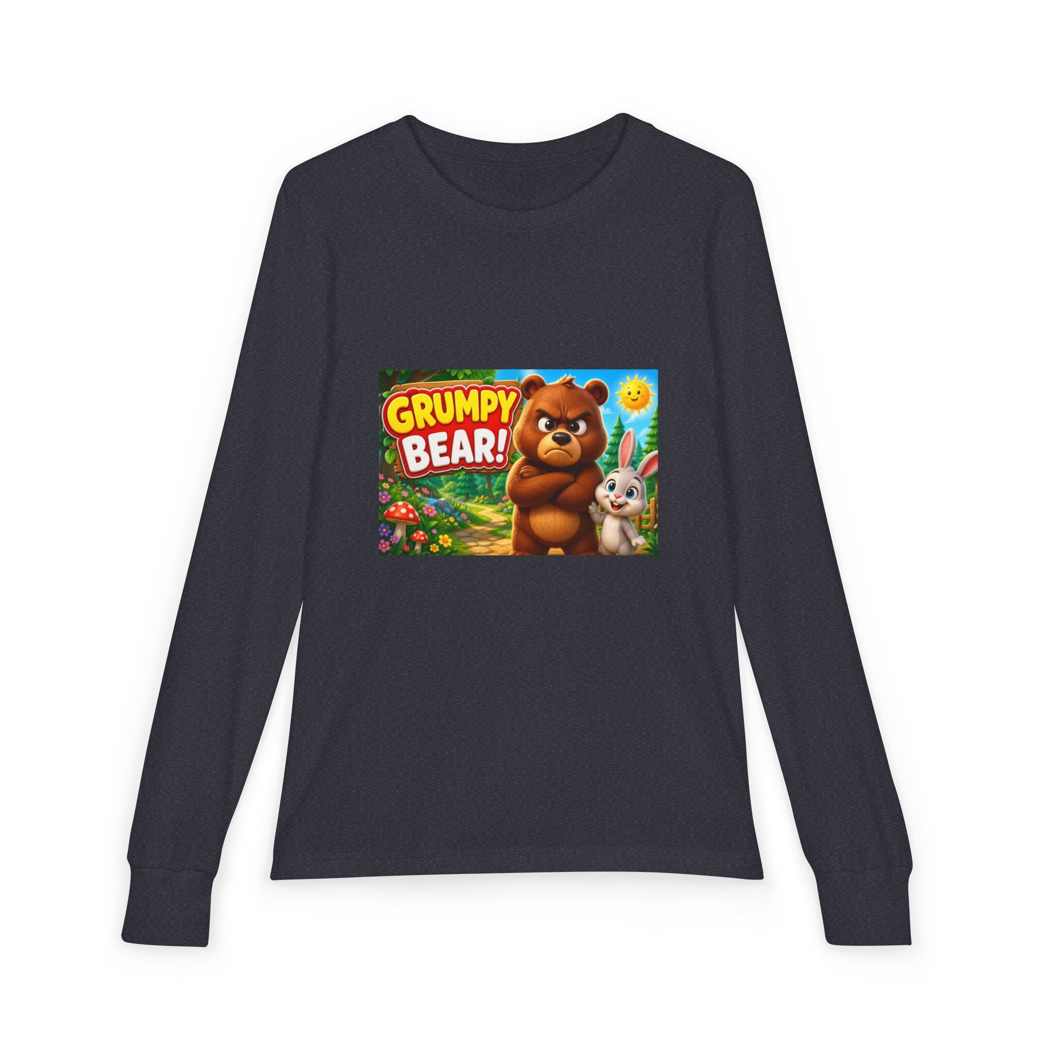 Grumpy Bear Kids Long Sleeve Tee — Cute Cartoon Bear & Bunny Graphic