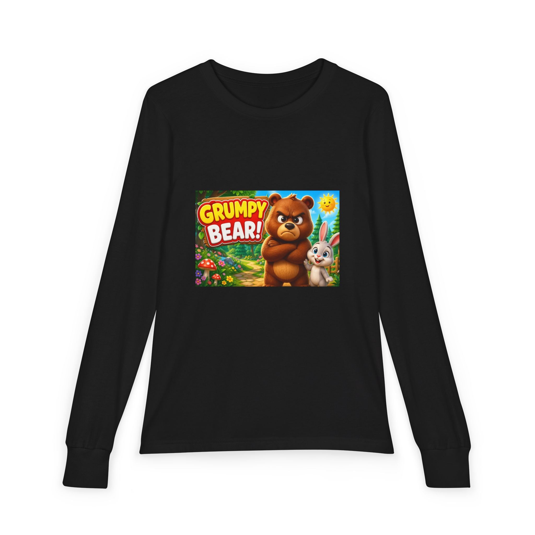 Grumpy Bear Kids Long Sleeve Tee — Cute Cartoon Bear & Bunny Graphic