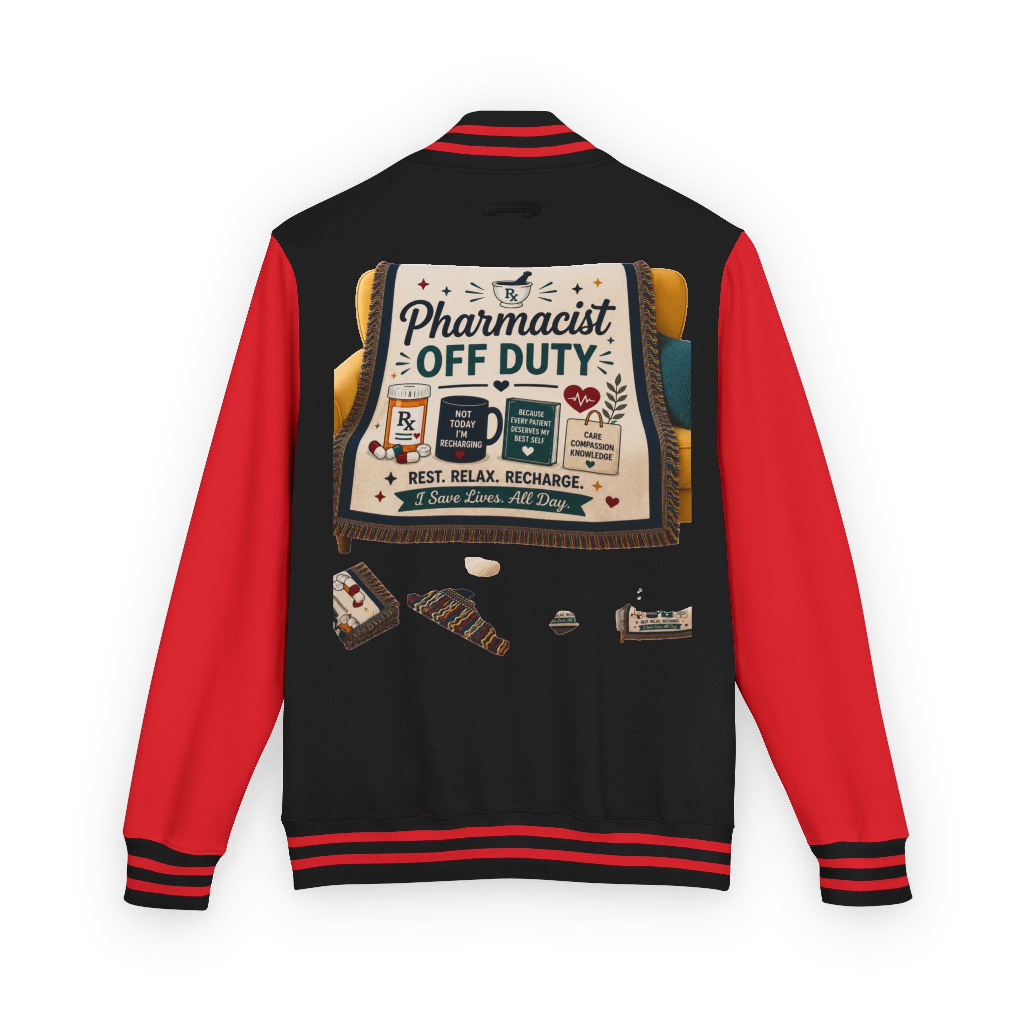Letterman Jacket — 'Pharmacist Off Duty' Retro Patch Design