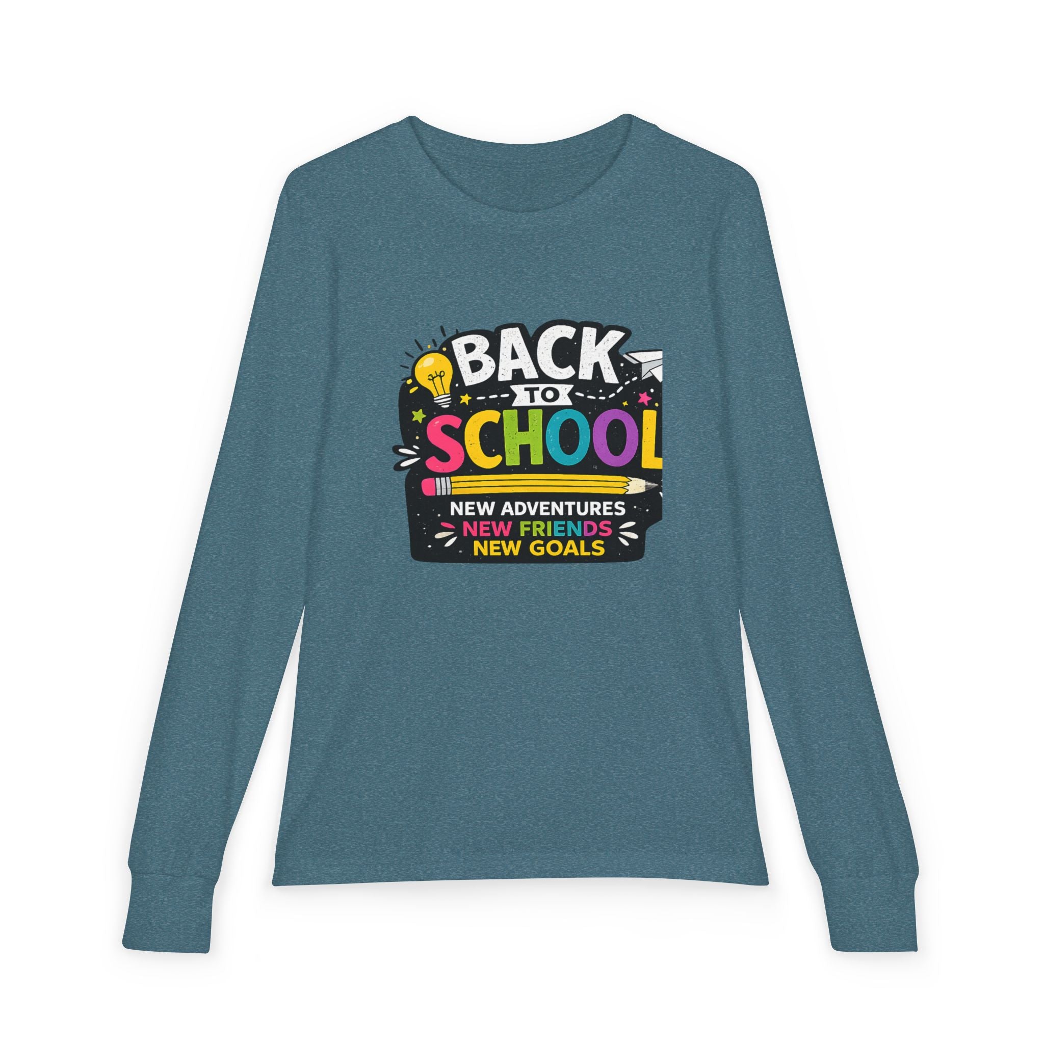 Back to School Youth Long Sleeve Tee — "New Adventures, New Friends, New Goals"