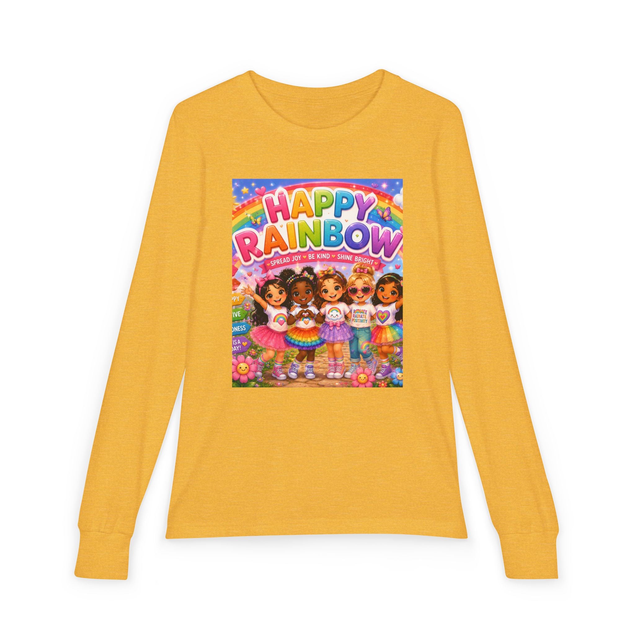 Happy Rainbow Kids Long Sleeve Tee — Cute Multiracial Doll Graphic