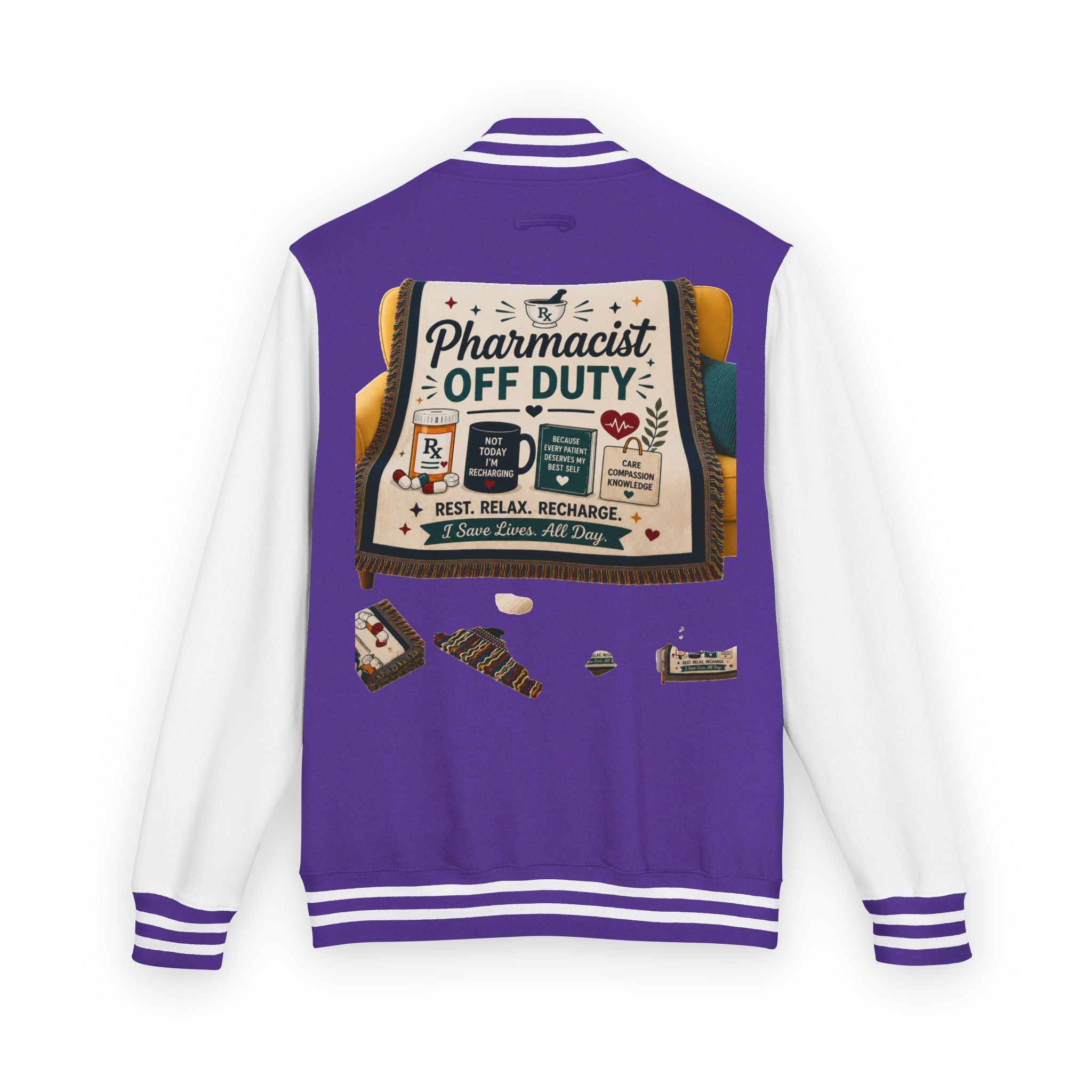 Letterman Jacket — 'Pharmacist Off Duty' Retro Patch Design