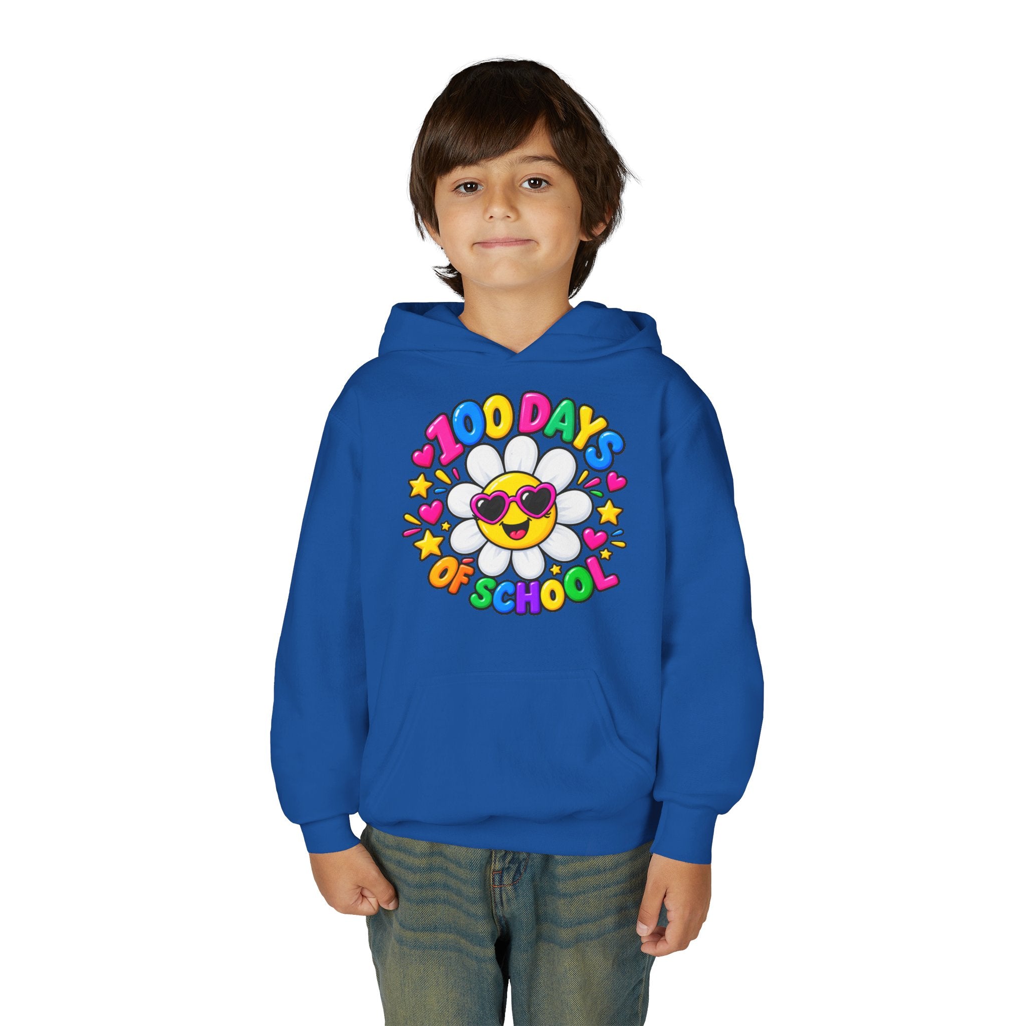 Youth Hoodie — “100 Days of School” Colorful Smiley Daisy Celebration