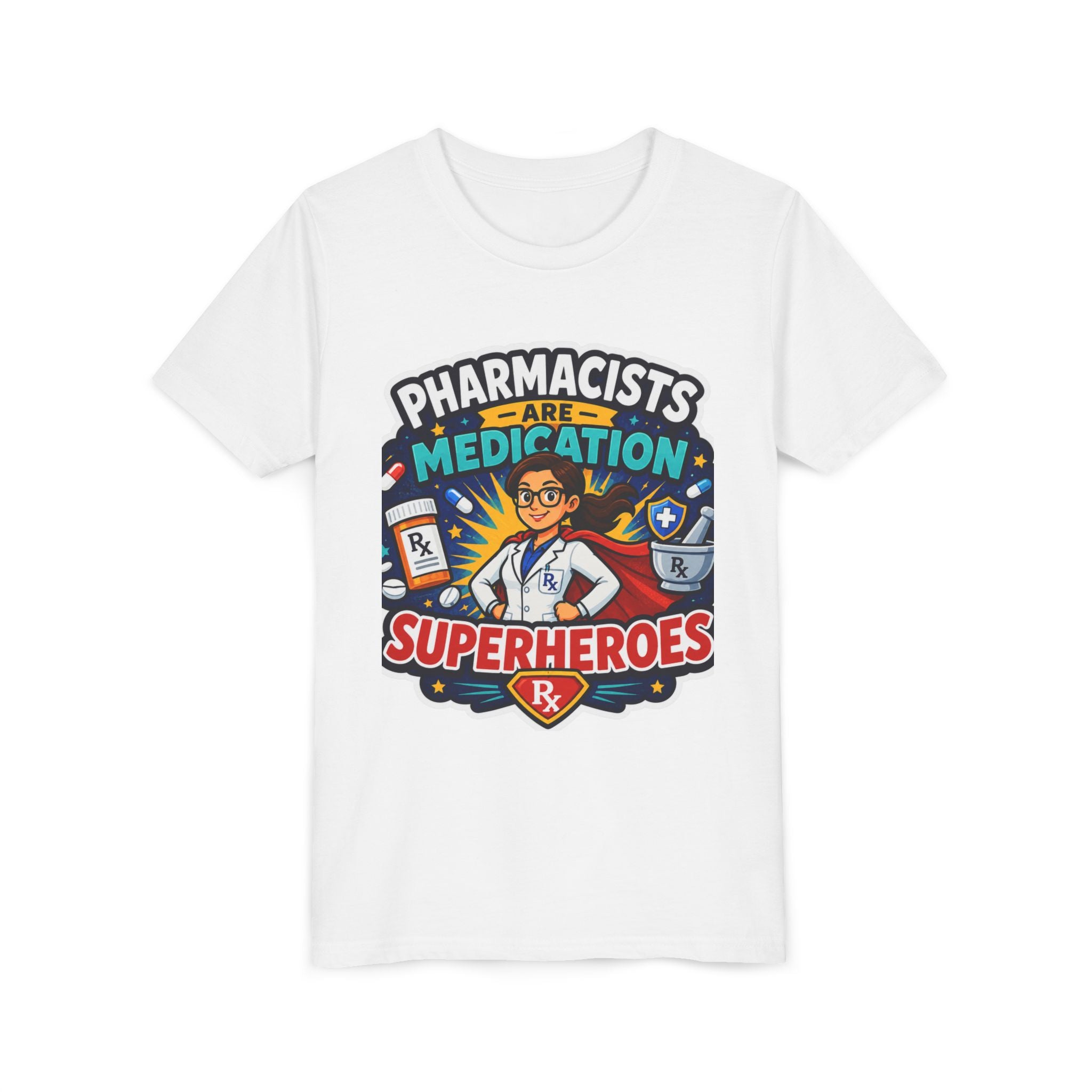 Youth Tee — "Pharmacists Are Medication Superheroes" Cartoon Pharmacy Shirt