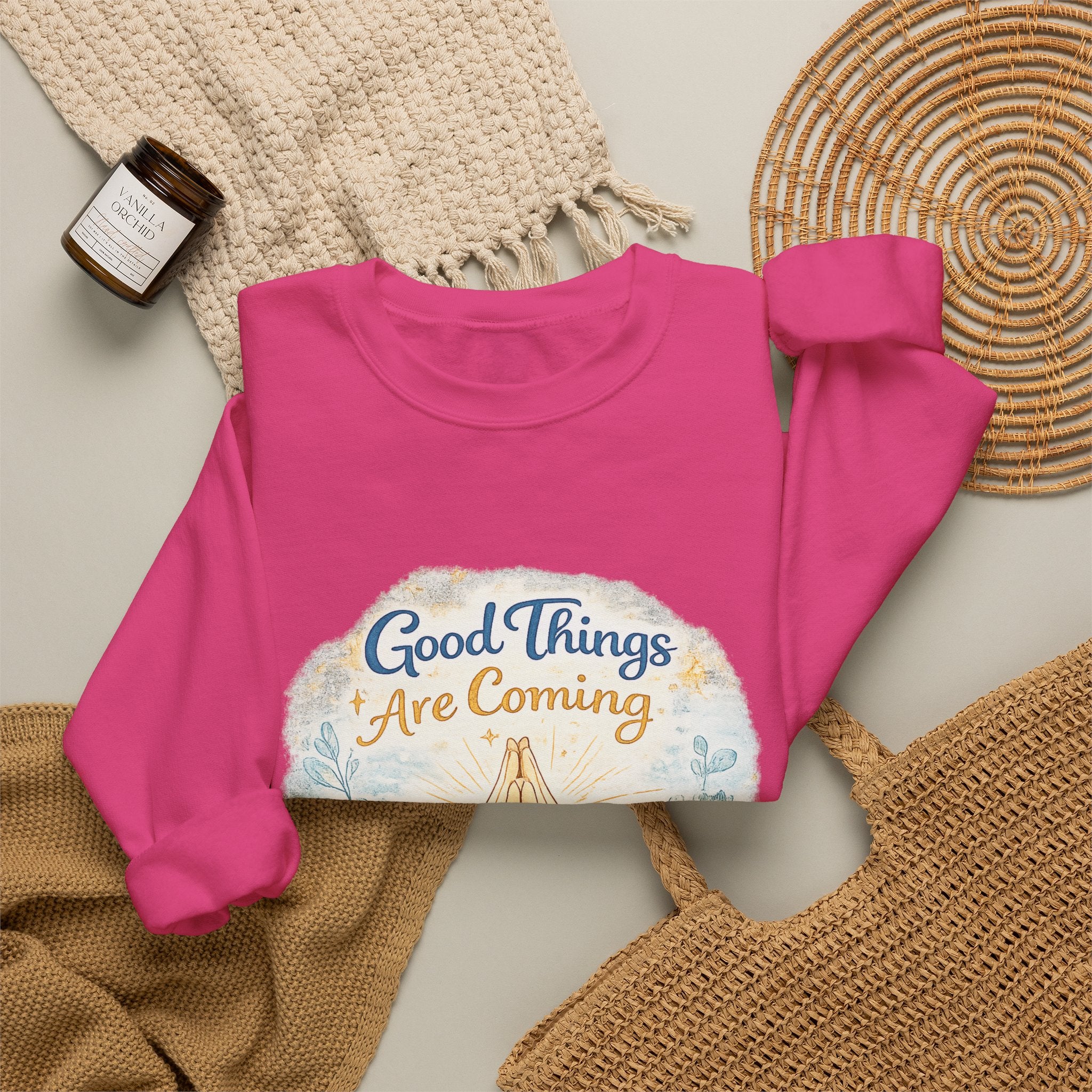 Crewneck Sweatshirt — "Good Things Are Coming" Praying Hands Inspirational Pullover