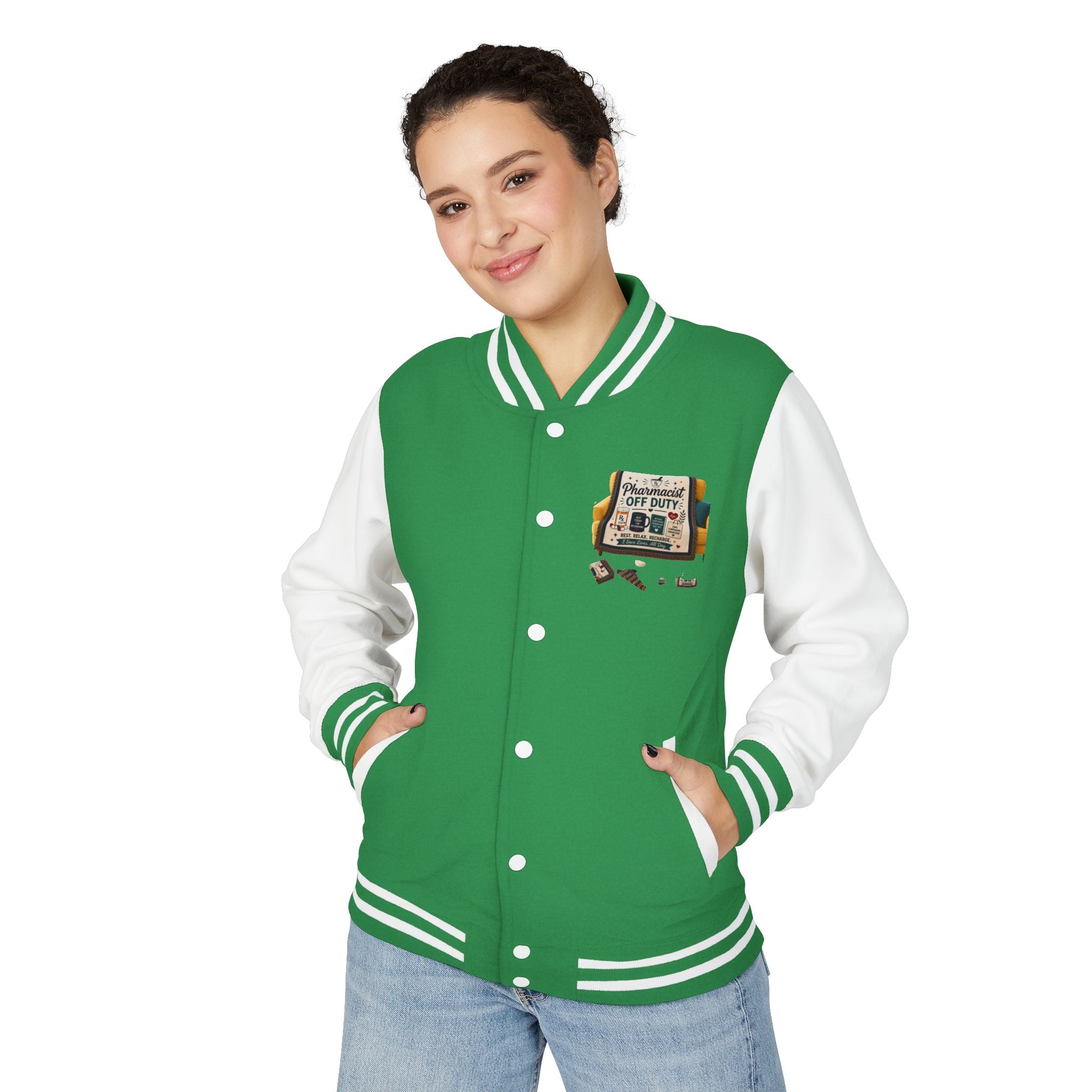 Letterman Jacket — 'Pharmacist Off Duty' Retro Patch Design
