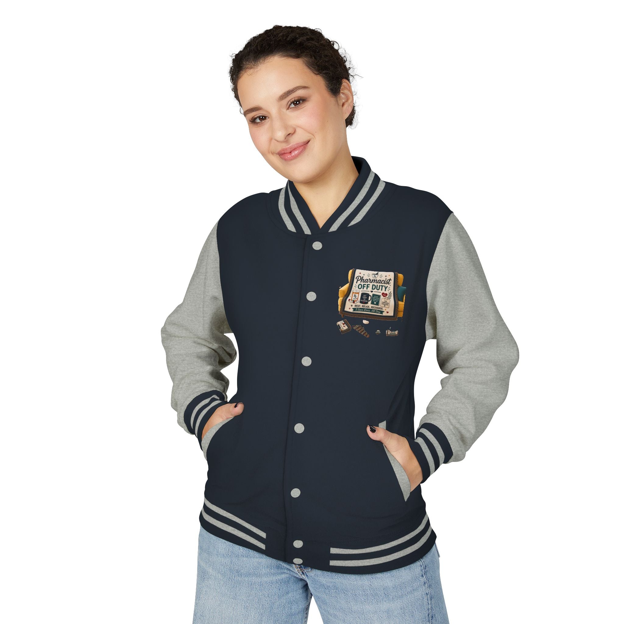 Letterman Jacket — 'Pharmacist Off Duty' Retro Patch Design