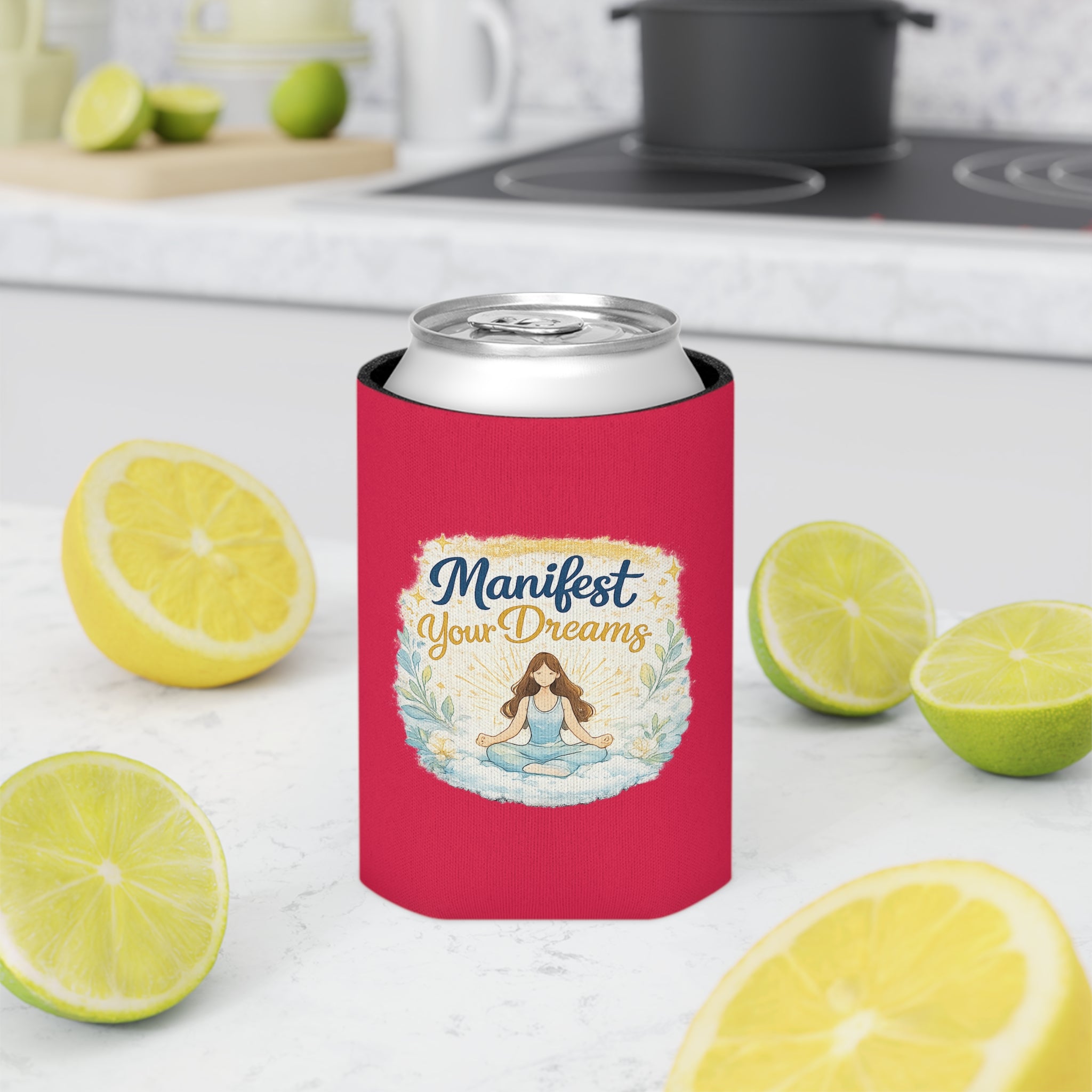 Can Cooler — "Manifest Your Dreams" Meditation Can Cooler, Inspirational Drink Koozie for Yoga Lovers