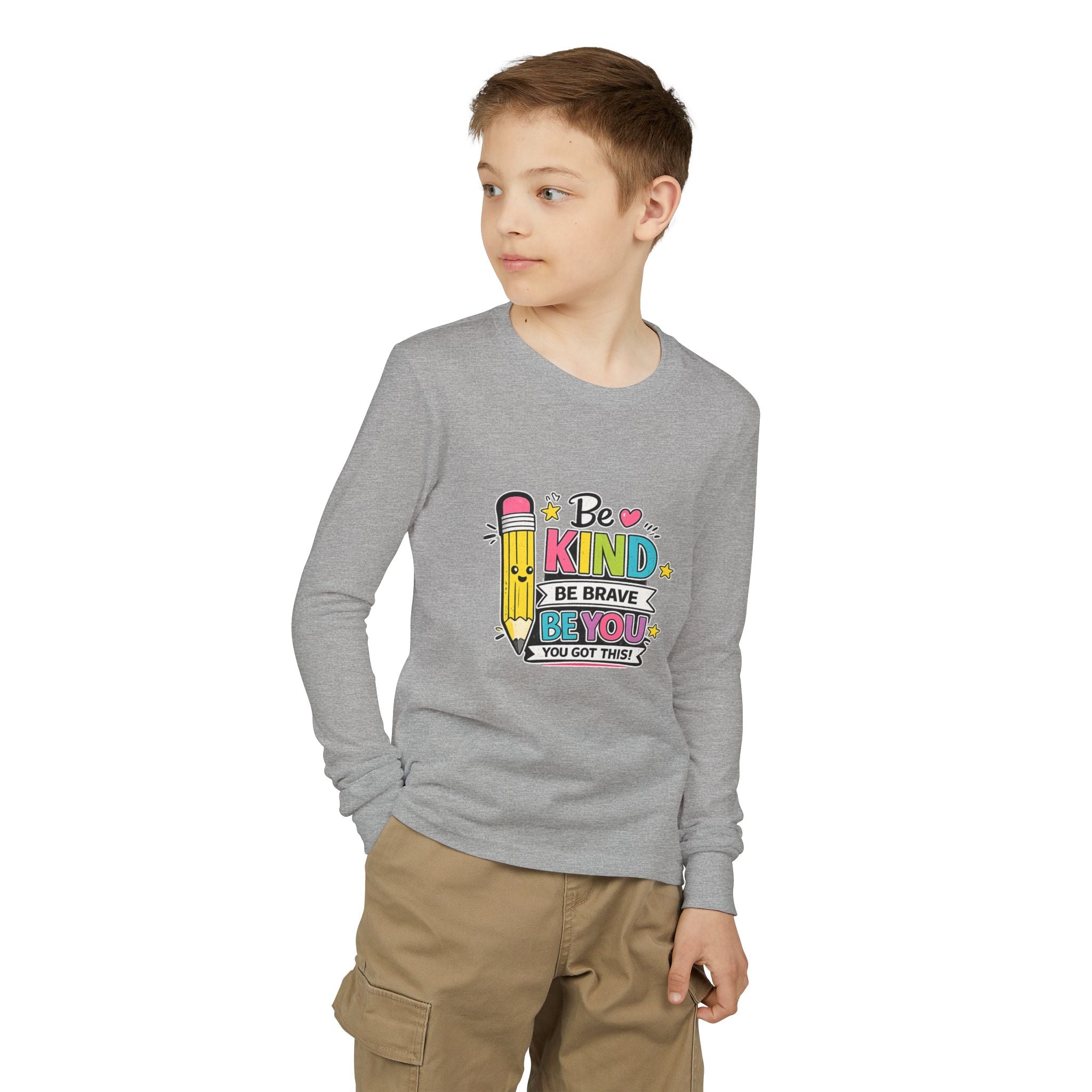 Be Kind Pencil Youth Long Sleeve Tee — "Be Kind, Be Brave, Be You" Back-to-School Shirt