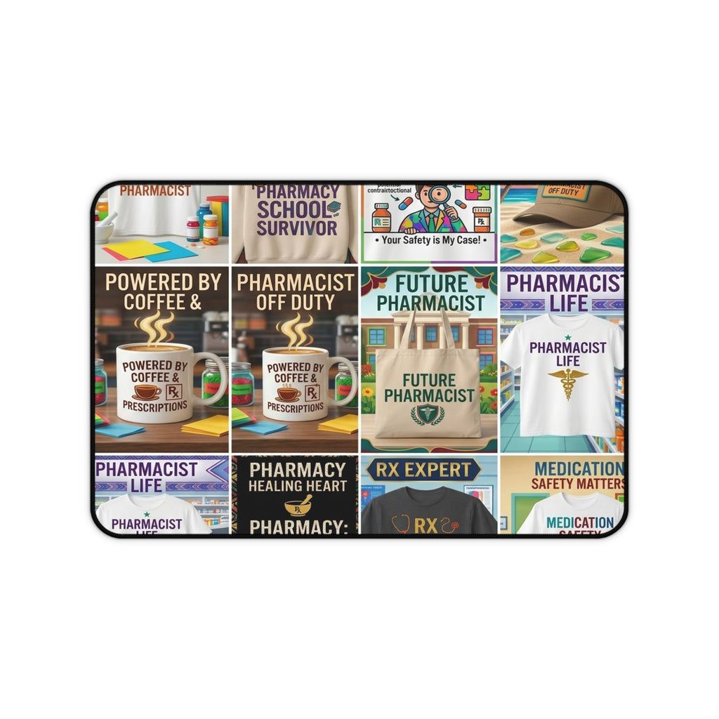 Pharmacist Desk Mat – Coffee & Rx Collage Mouse Pad for Pharmacy Students and Professionals