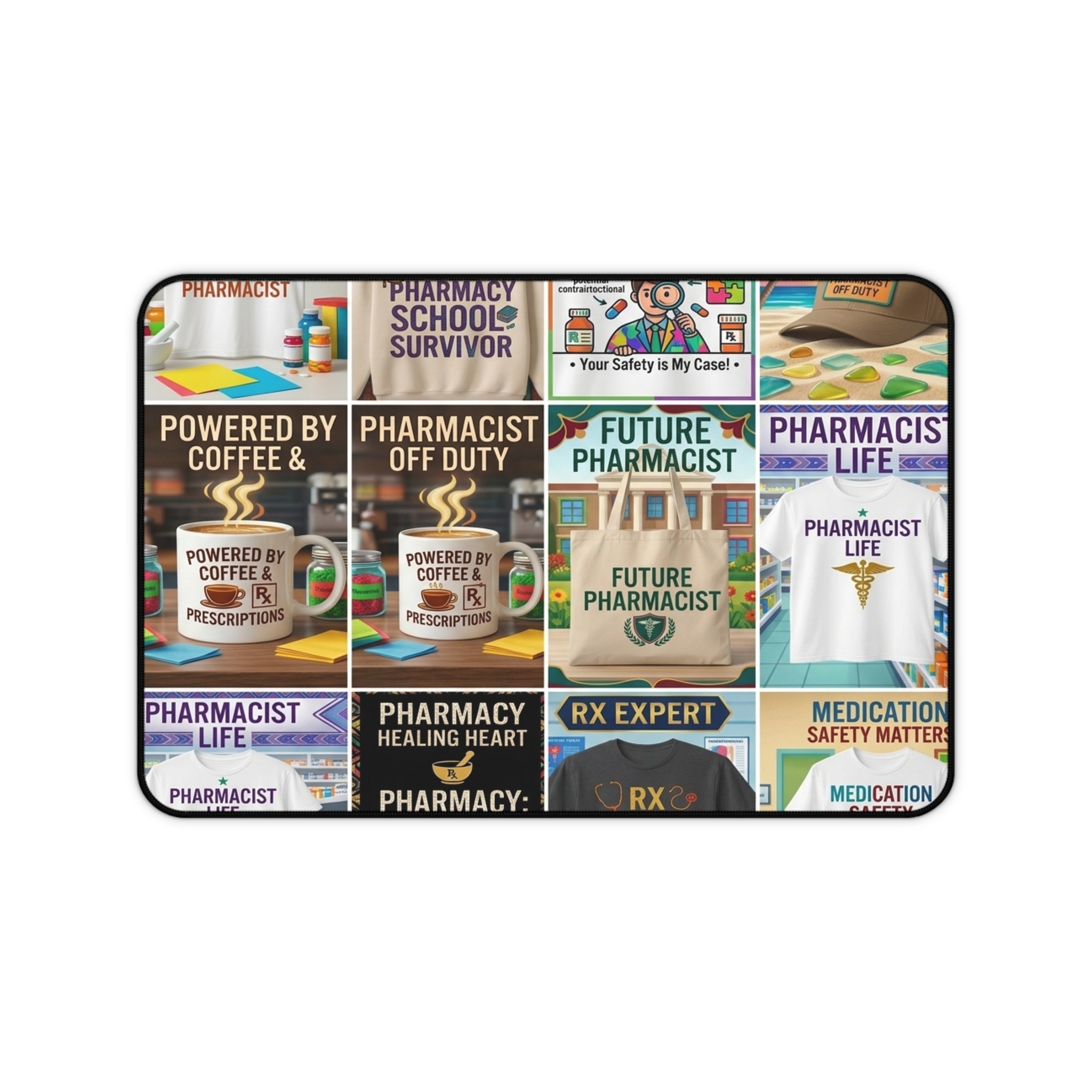 Pharmacist Desk Mat – Coffee & Rx Collage Mouse Pad for Pharmacy Students and Professionals