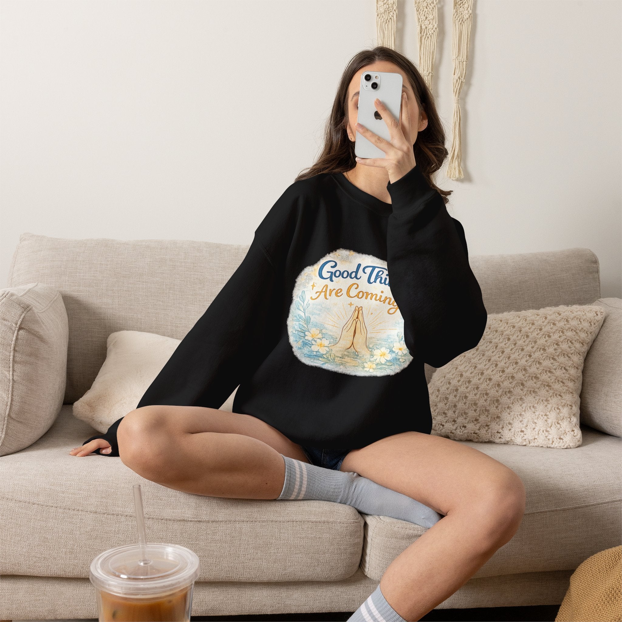 Crewneck Sweatshirt — "Good Things Are Coming" Praying Hands Inspirational Pullover