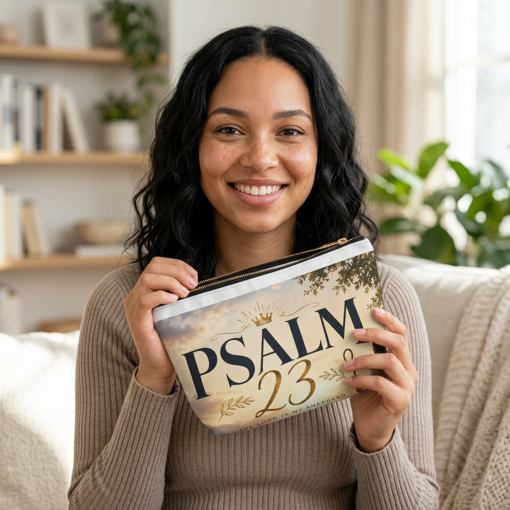 Psalm 23 Accessory Pouch — Christian Scripture Makeup Bag with 'The Lord Is My Shepherd' Design
