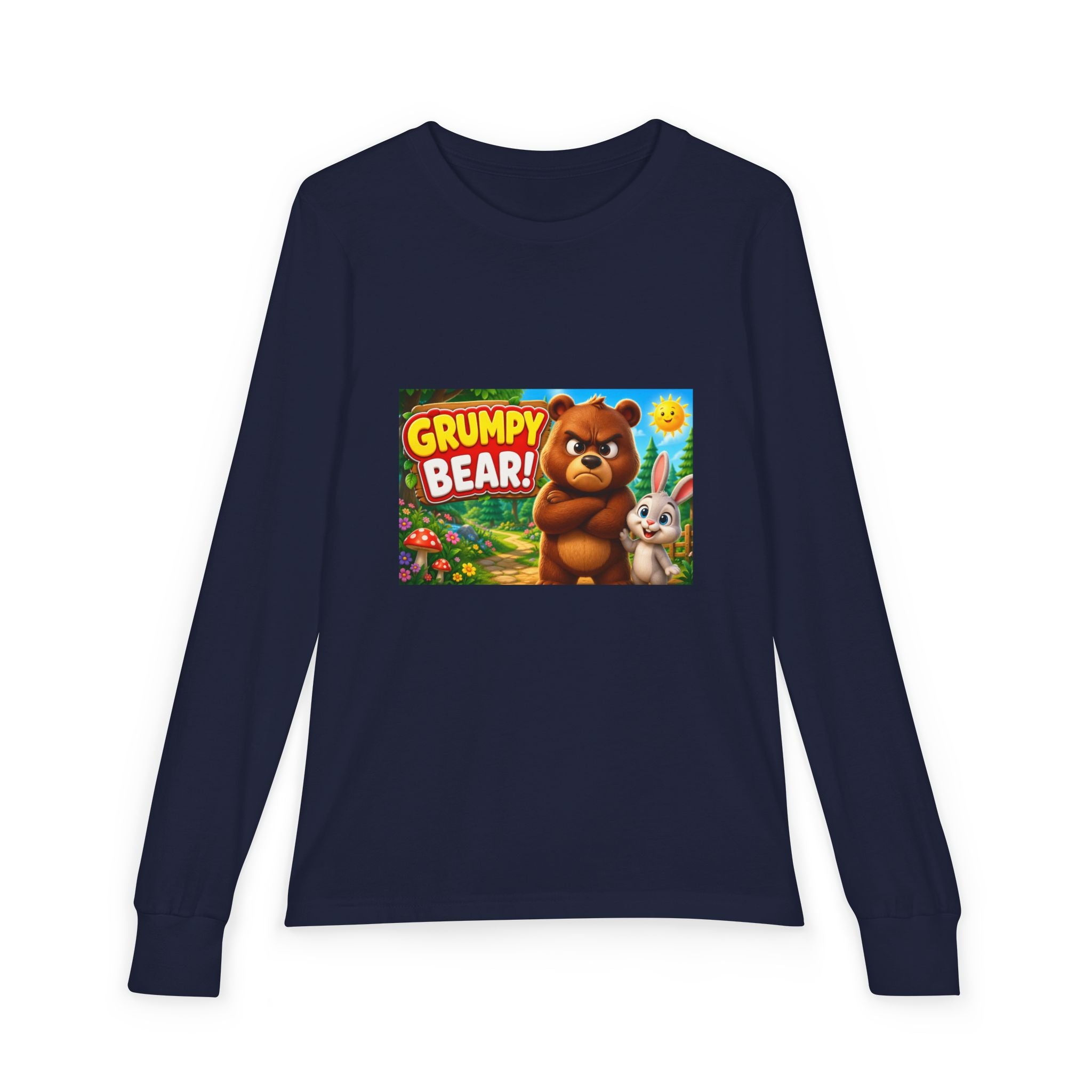 Grumpy Bear Kids Long Sleeve Tee — Cute Cartoon Bear & Bunny Graphic